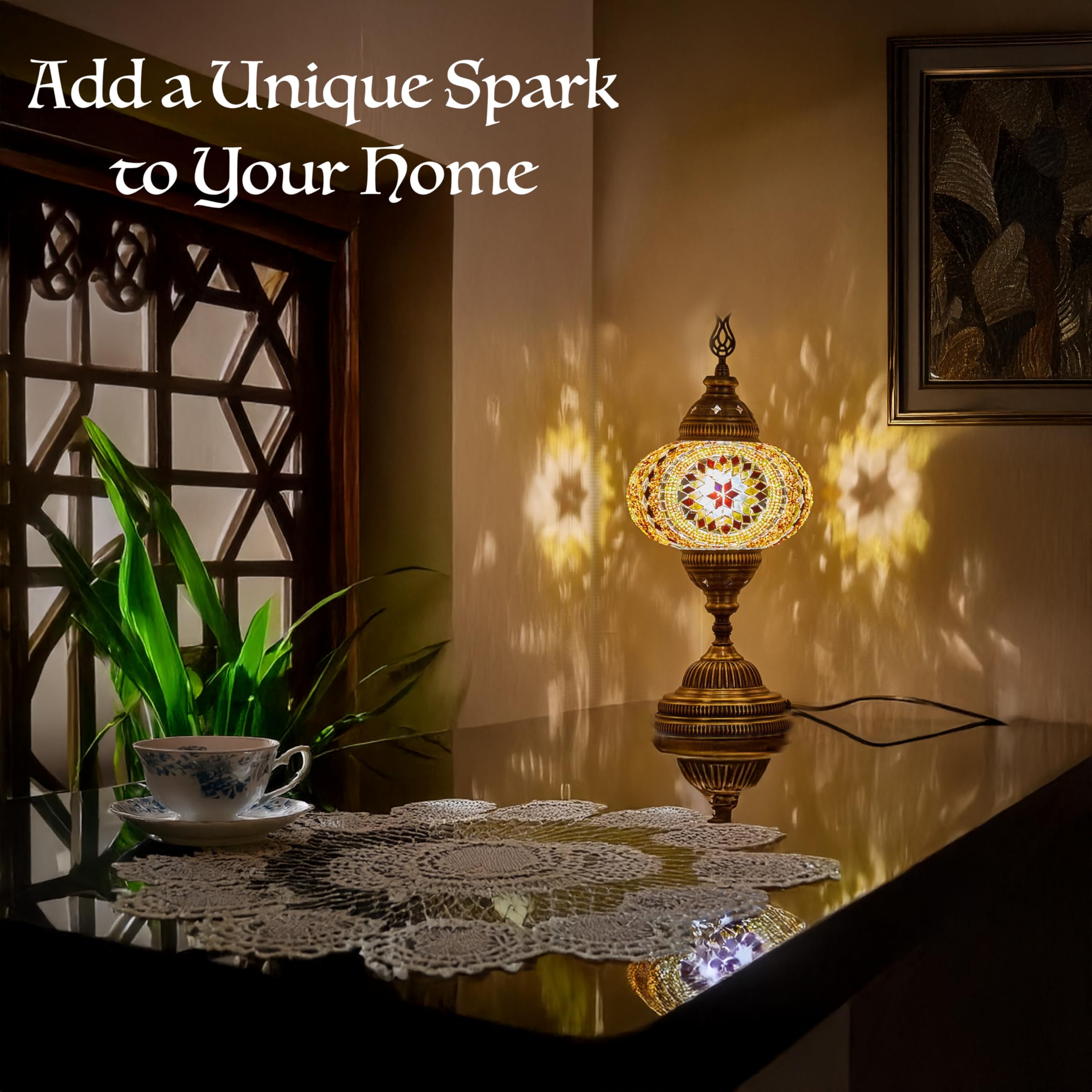 DEMMEX Genuine 7 Turkish Mosaic Table Lamp - Handmade Tiffany-Style Moroccan Glass Lampshade, Colorful Desk Bedside Light, Exoti