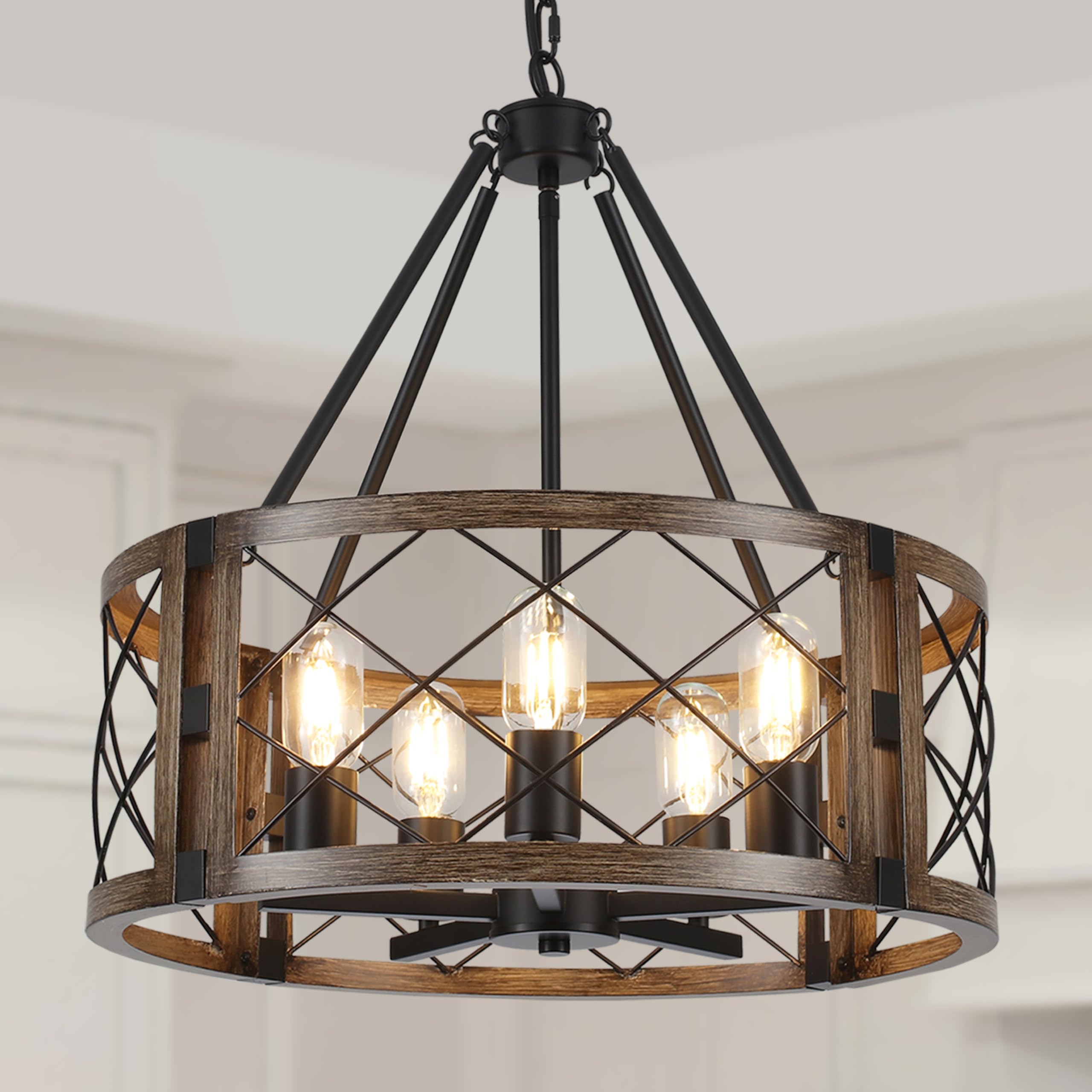 CWarmozy 5-Light Farmhouse Chandelier 19.8'' Black and Brown Rustic Chandelier for Dining Room Wood Texture Adjustable Pendant L