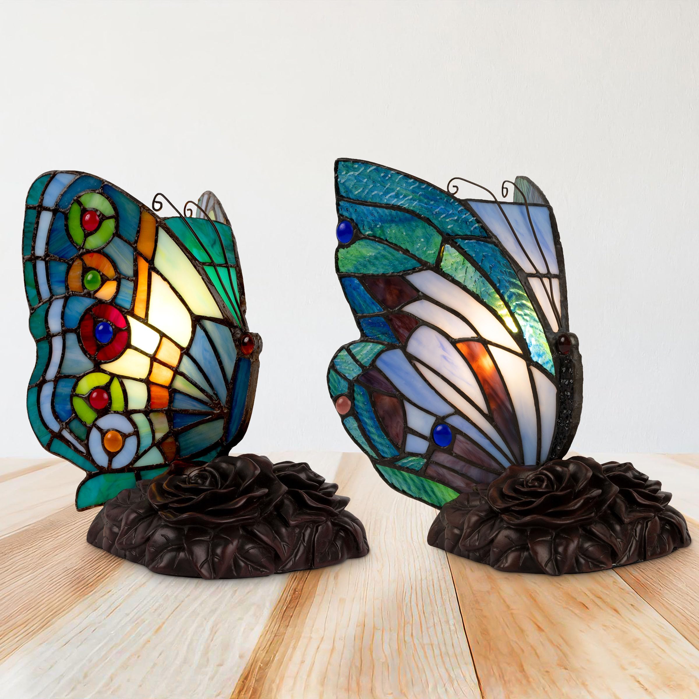 Lavish Home Tiffany Style Butterfly Table Lamp - Set Of 2 Stained Glass Desk Or Night Light Lamps With Led Bulbs - Vintage-Style