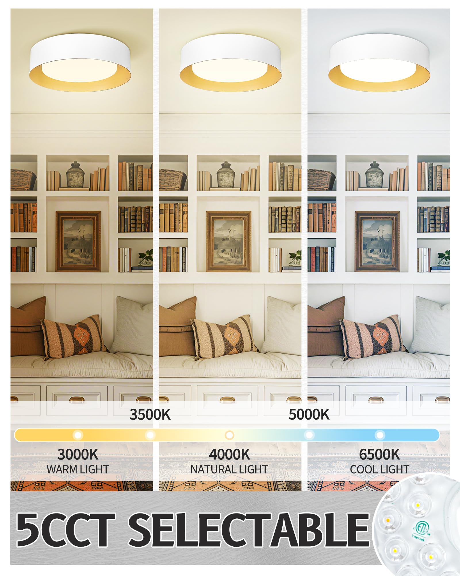 Autelo 12'' Flush Mount Ceiling Light, 3Cct Led Light Fixtures Ceiling Mount, Modern Ceiling Light With Frosted Glass In White M