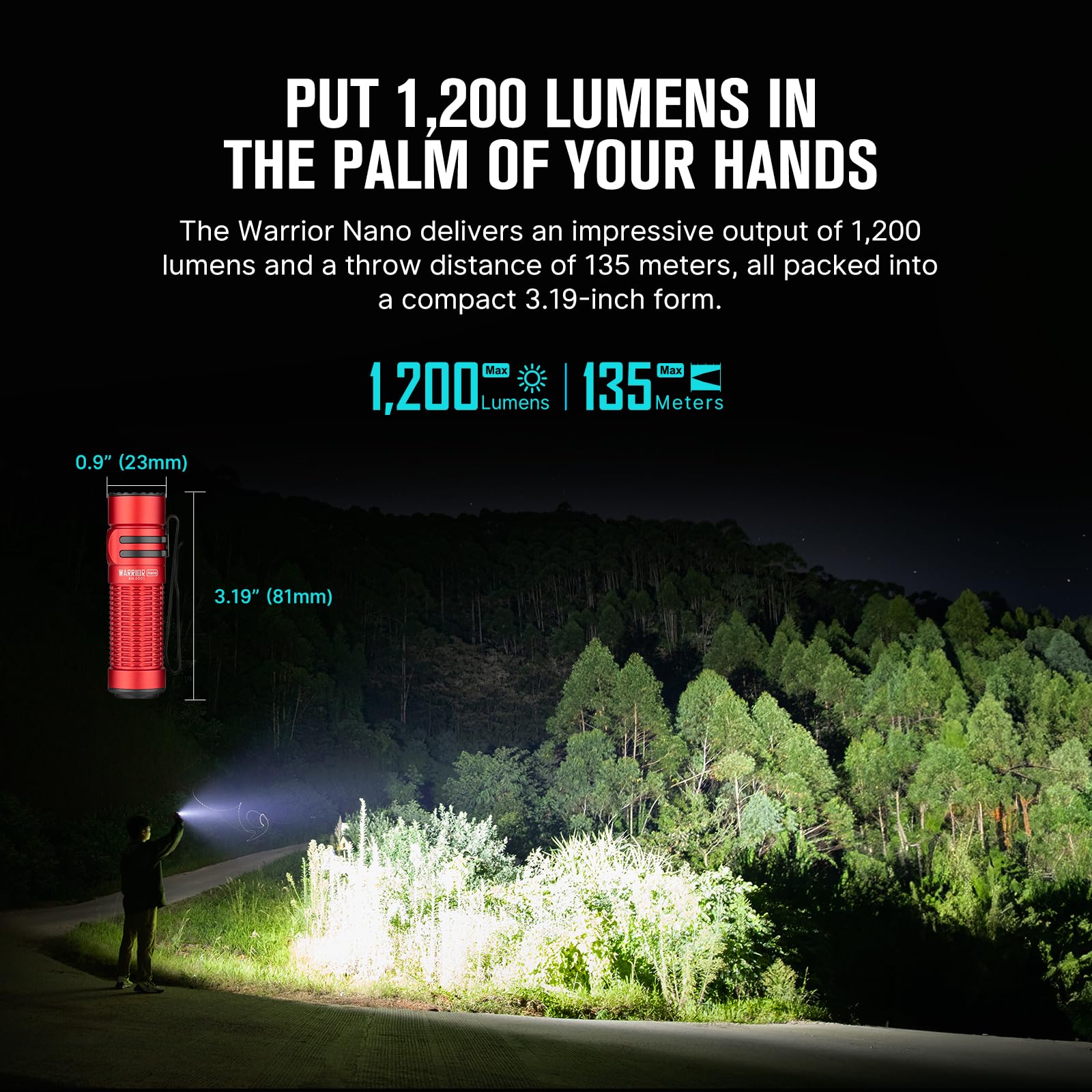 OLIGHT Warrior Nano Tactical Flashlight, 1200 Lumens, Rechargeable, Dual Switch, Red