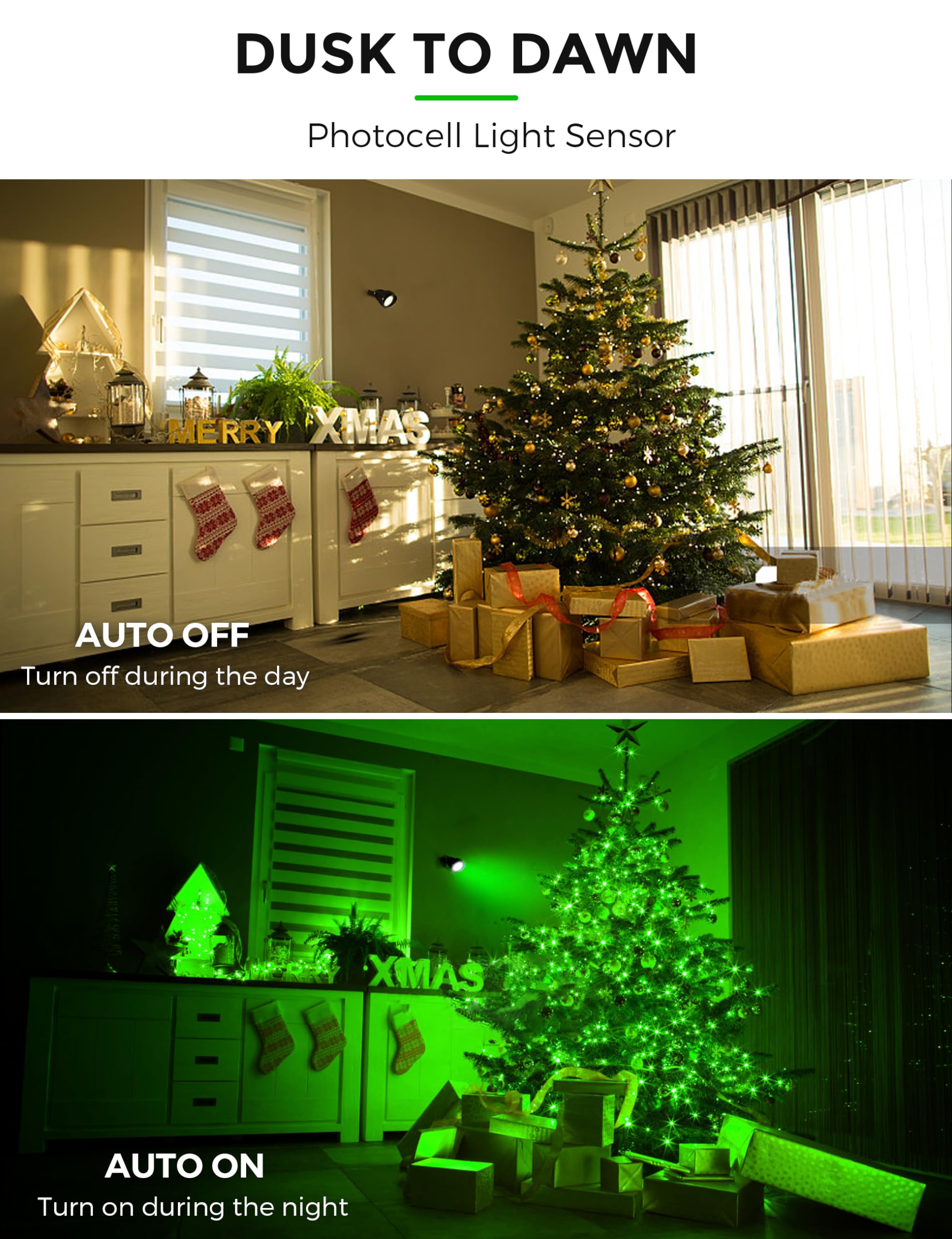 LOHAS Green Spotlight Outdoor, Christmas Green LED Spot Lights for Yard, Auto On/Off 5W 120V Landscape Lighting for House, Holid