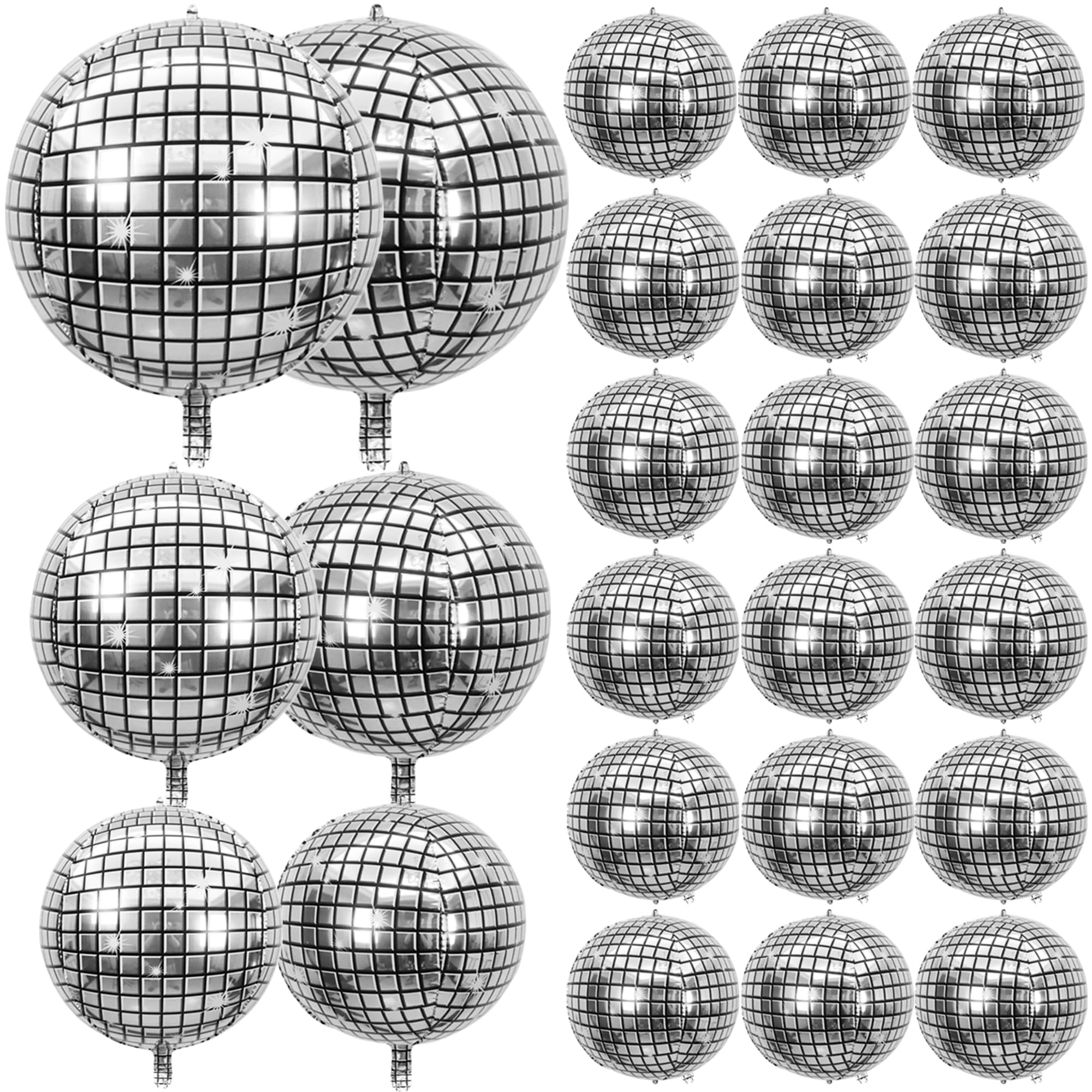 24 PCS Disco Ball Balloons Different Sizes- 4D Large Disco Balloons 10 Inch 15 Inch 18 Inch 22 Inch Assorted Round Metallic Silv