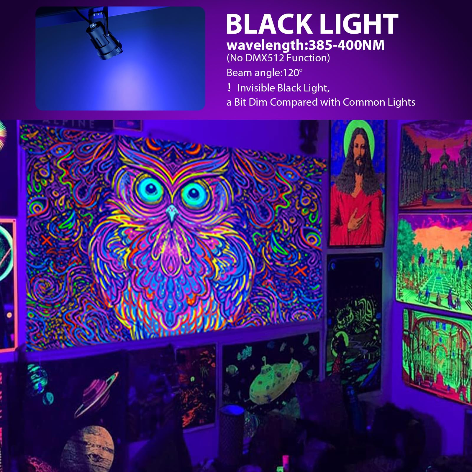 Onforu 18W Black Light Spotlight, IP65 Waterproof, 385-400nm UV, Outdoor Stage Lighting, Black, Model A18UV (2 Pack)