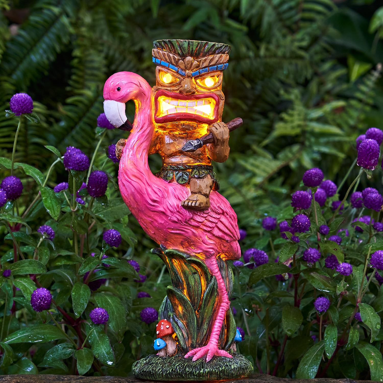 Yiosax Solar Tiki Statue - Outdoor Statue - Solar Powered Garden Figurine Tiki Decoration For Bar, Patio, Balcony, Yard, Lawn, Table, Riding A Flamingo 13.66 Inches Tall