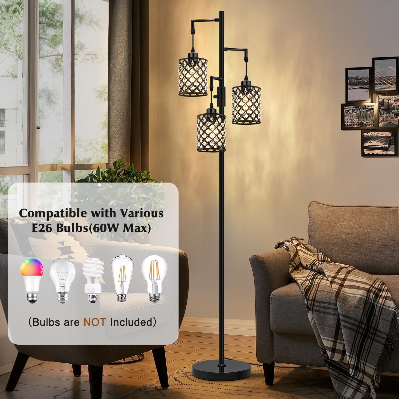 GyroVu 3-Light Black Floor Lamp with K9 Crystal Shade, Modern Design for Living Room & Bedroom, Model G-1FL-1769C