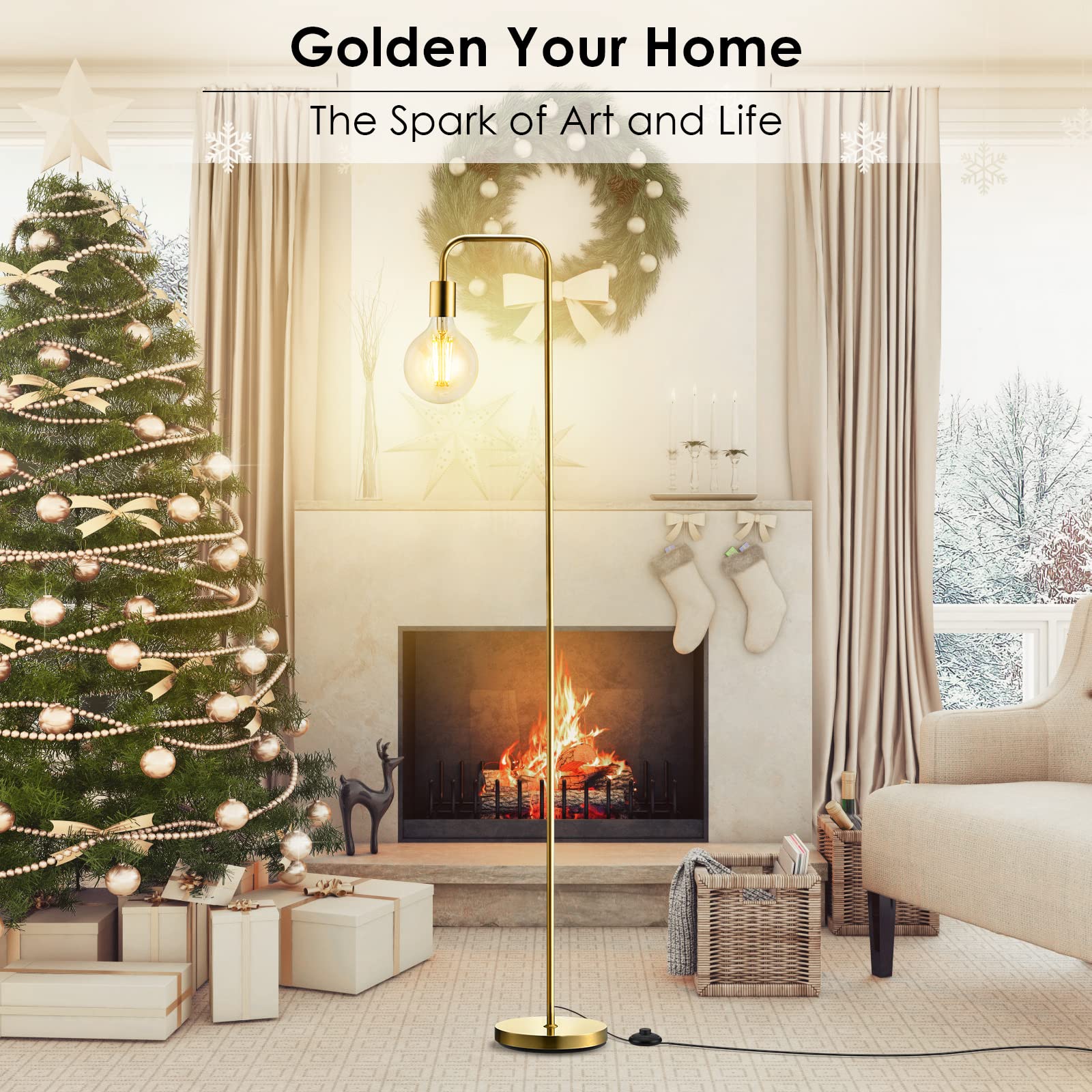 BoostArea 63 Industrial Floor Lamp, Gold Metal, E26 Socket, On/Off Footswitch, Modern Vintage Design for Bedroom & Living Room