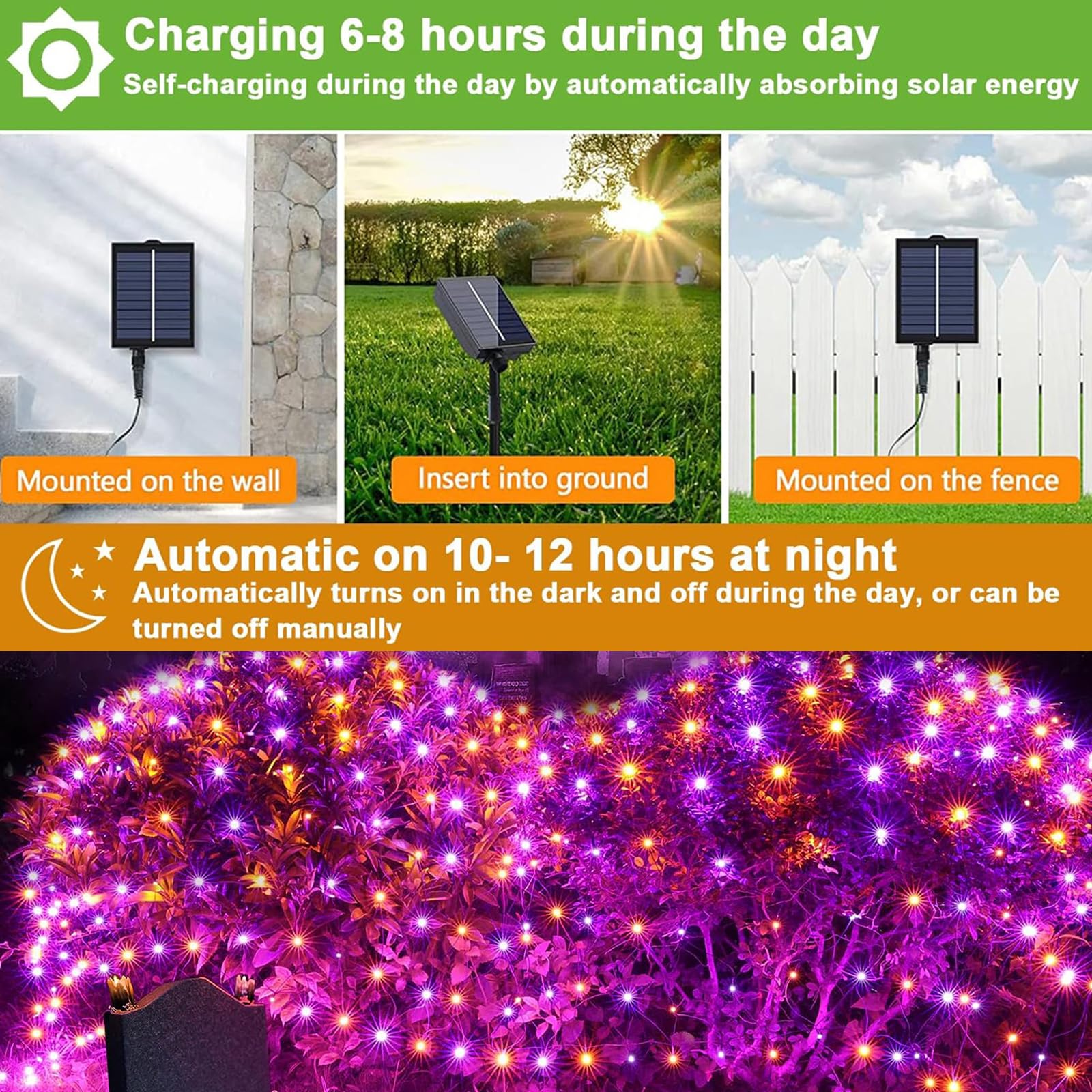 Cyindzchwy Solar Net Lights, 204 Led Outdoor Mesh Lights Waterproof, Bush Halloween Net Lights With 8-Lighting Modes For Tree Garden Yard Halloween Party Decoration (Orange/Purple)