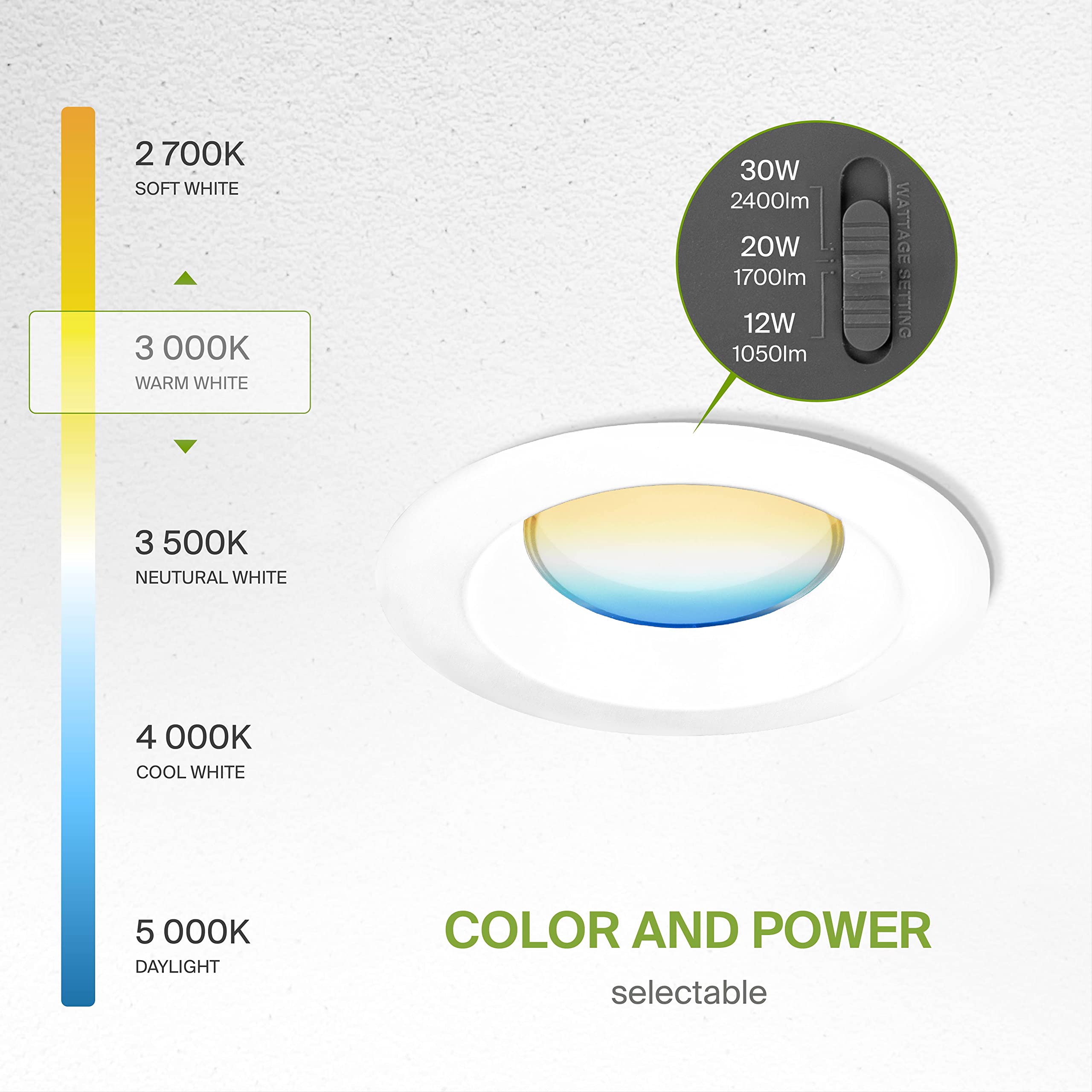 ASD 8 Inch Canless LED Downlight, Dimmable, Power Adjustable 12/20/30W, 5 Color Temps, 4 Pack, White, Model A-CDL7