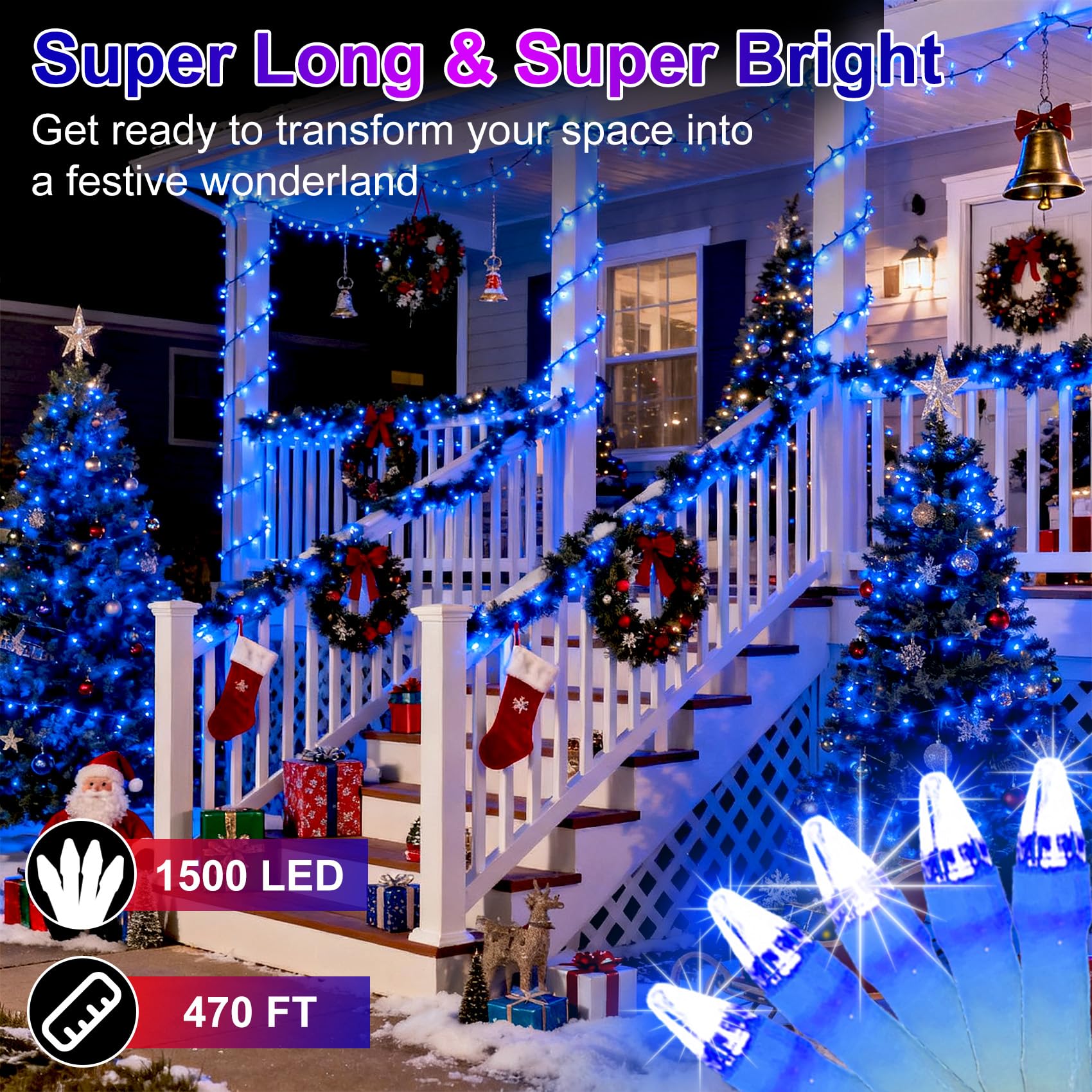 1500 Led 470Ft Christmas String Lights Outdoor  12 Pro Modes And Timer Memory & Brightness  Plug In Waterproof Clear Wire Twinkle Light For For Xmas Yard Tree Wedding Party Decor (Blue)