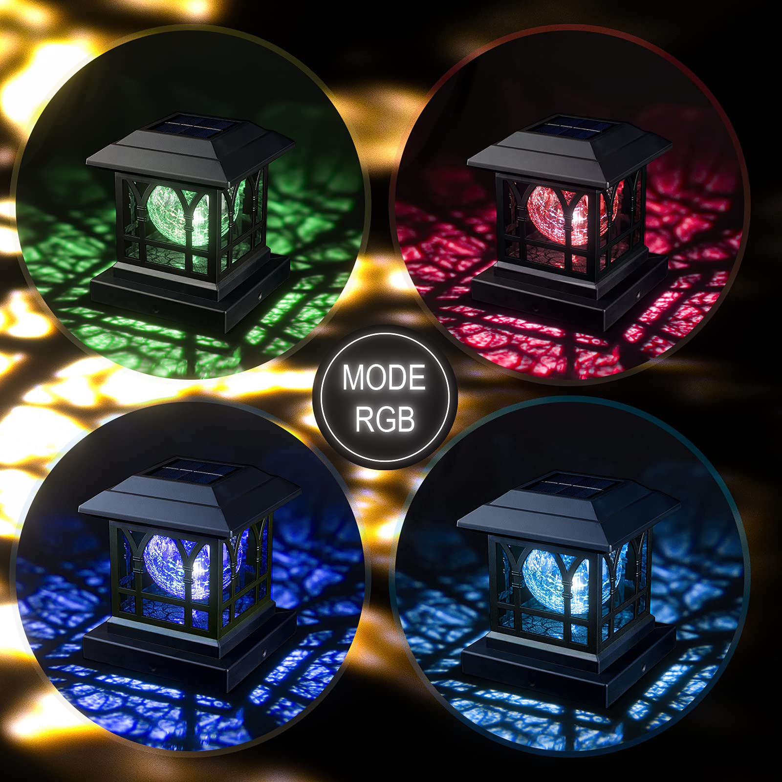 AEFRELEOHT Solar Post Cap Lights, 20 Lumens, Warm White & RGB, Waterproof, Black, 2 Pack, Fits 3.6x3.6 to 5