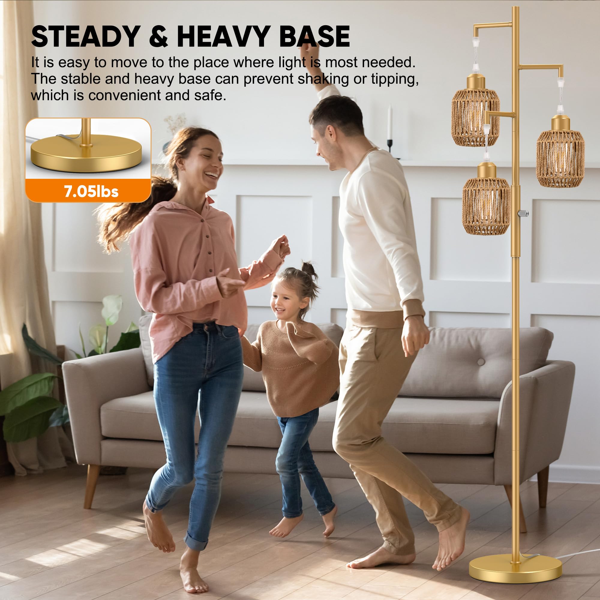 ROTTOGOON Dimmable Floor Lamp - 3 Light Rattan Lamp, 68in, Gold/Brown, Metal, Model ROFP125AJ1