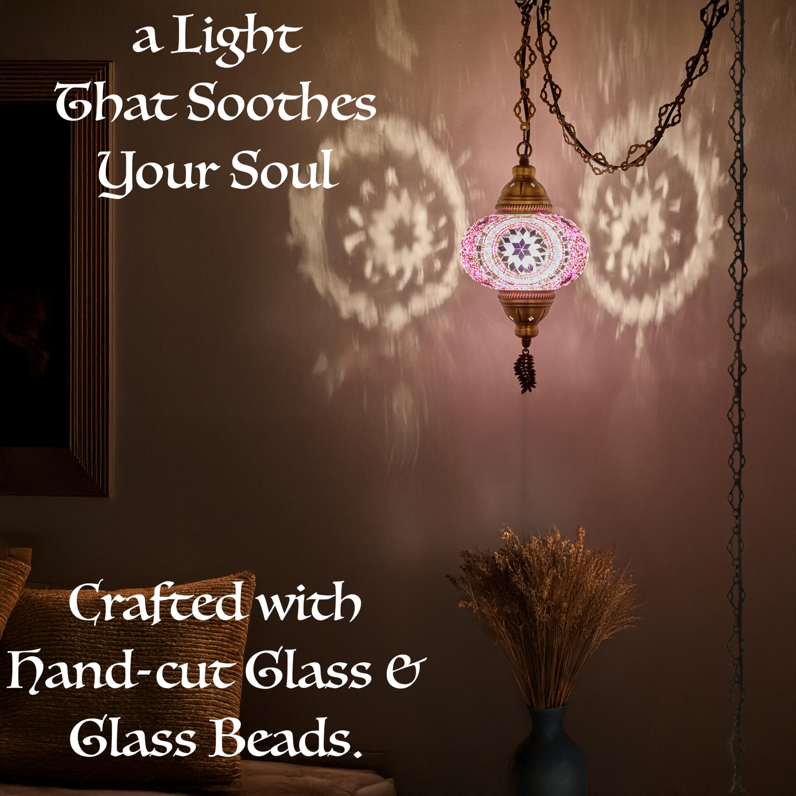 Demmex Plug-In Turkish Moroccan Mosaic Hanging Pendant Ceiling Light - Swag Lamp Fixture With 15Ft Cord & Chain, Handcrafted Gla