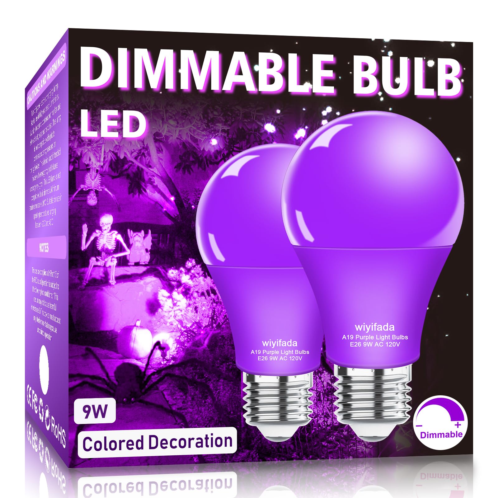 Wiyifada Led A19 Purple Light Bulb 2 Pack  9W Purple Led Light Replace Up To 100W  E26 Base Ac120V Dimmable Colored Light Bulb For Porch  Home Lighting  Party Decoration  Holiday Lighting