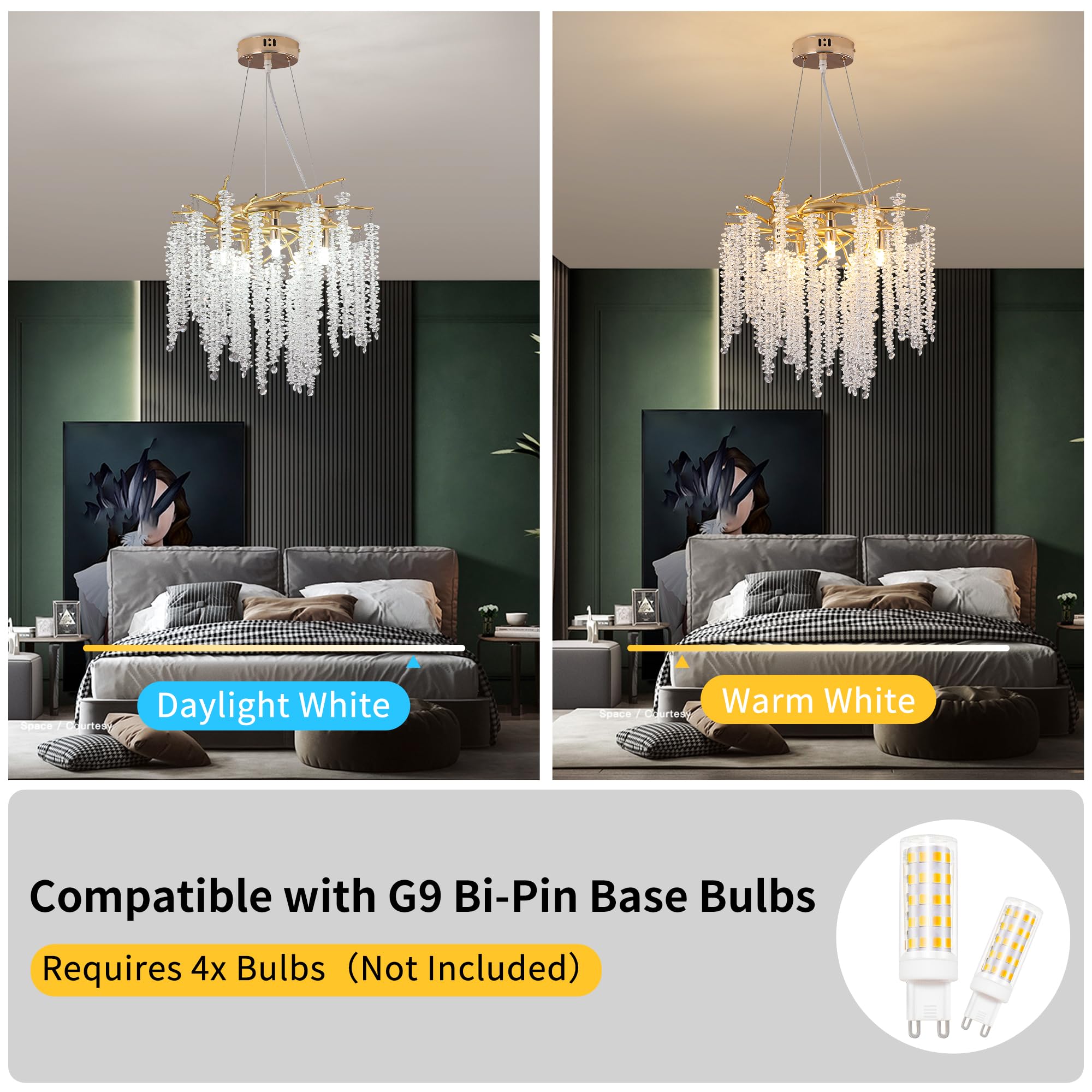 Puvaue 8-Light Raindrop Crystal Pendant Chandelier Round D15.8in Gold, Aluminum/Iron, Luxury Ceiling Light for Dining Room/Bedroom