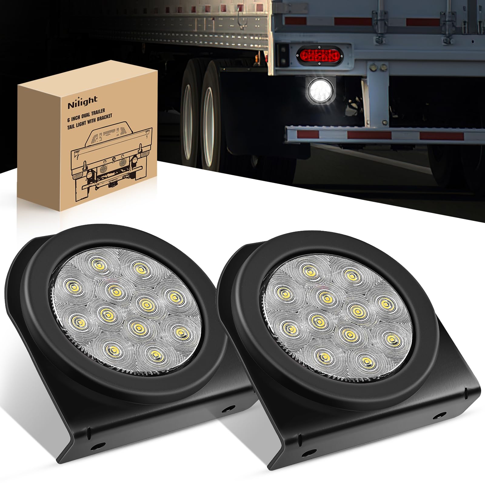 Nilight 4Inch Round Trailer Tail Light with flush Mount Grommets Plugs w/Mounting Brackets 2PCS White Waterproof Reverse Back Up Trailer Lights for RV Truck Trailer