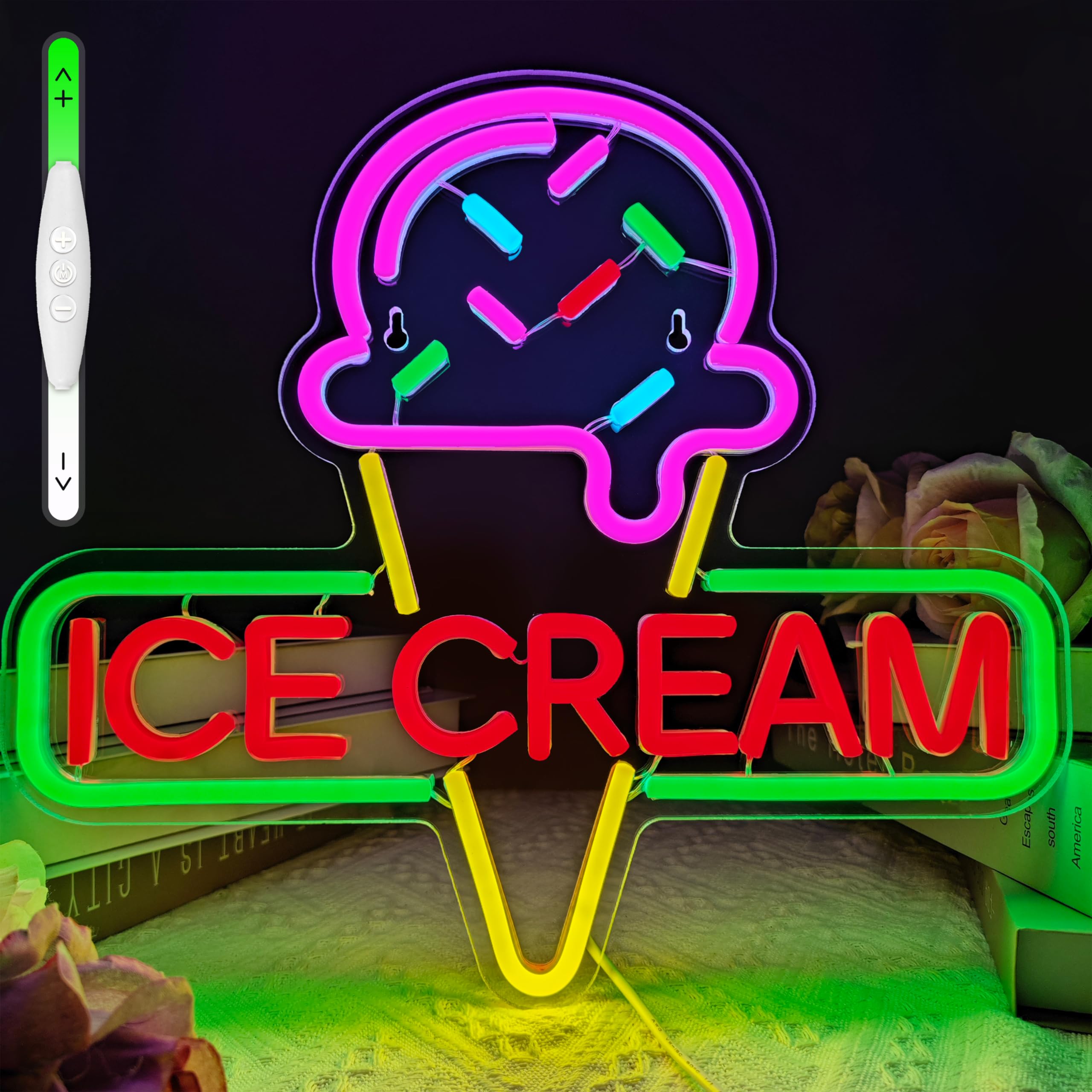VIKLIU Ice Cream Neon Sign LED Lamp Acrylic USB Powered 14.5x13 inches Ice Cream Decor for Cafe Office Bedroom Restaurant