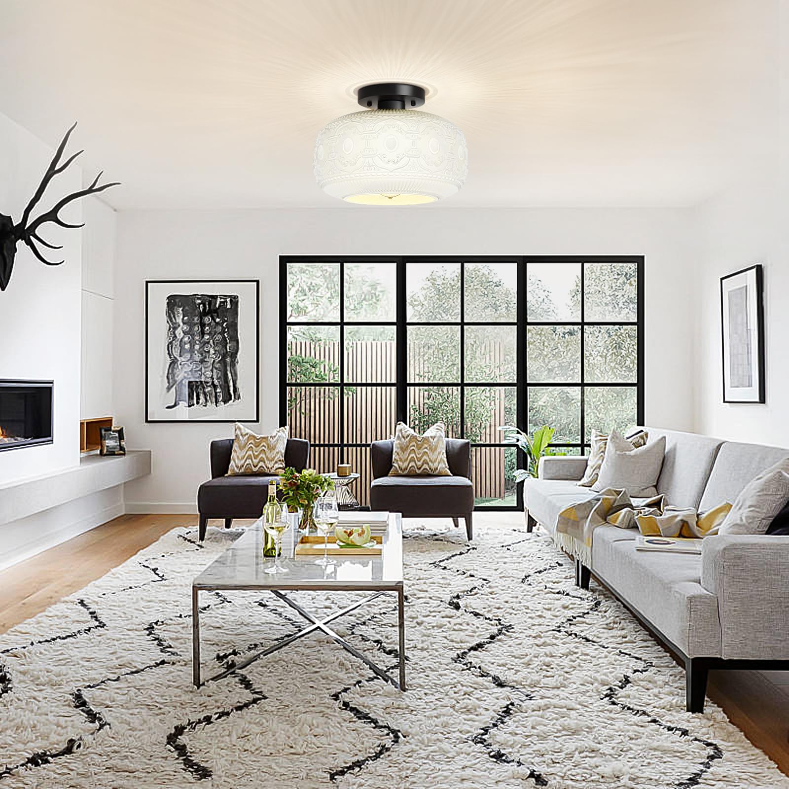 Oykyohei Vintage Semi Flush Mount Ceiling Light, White Glass Fixture For Hallway, Bedroom, Porch