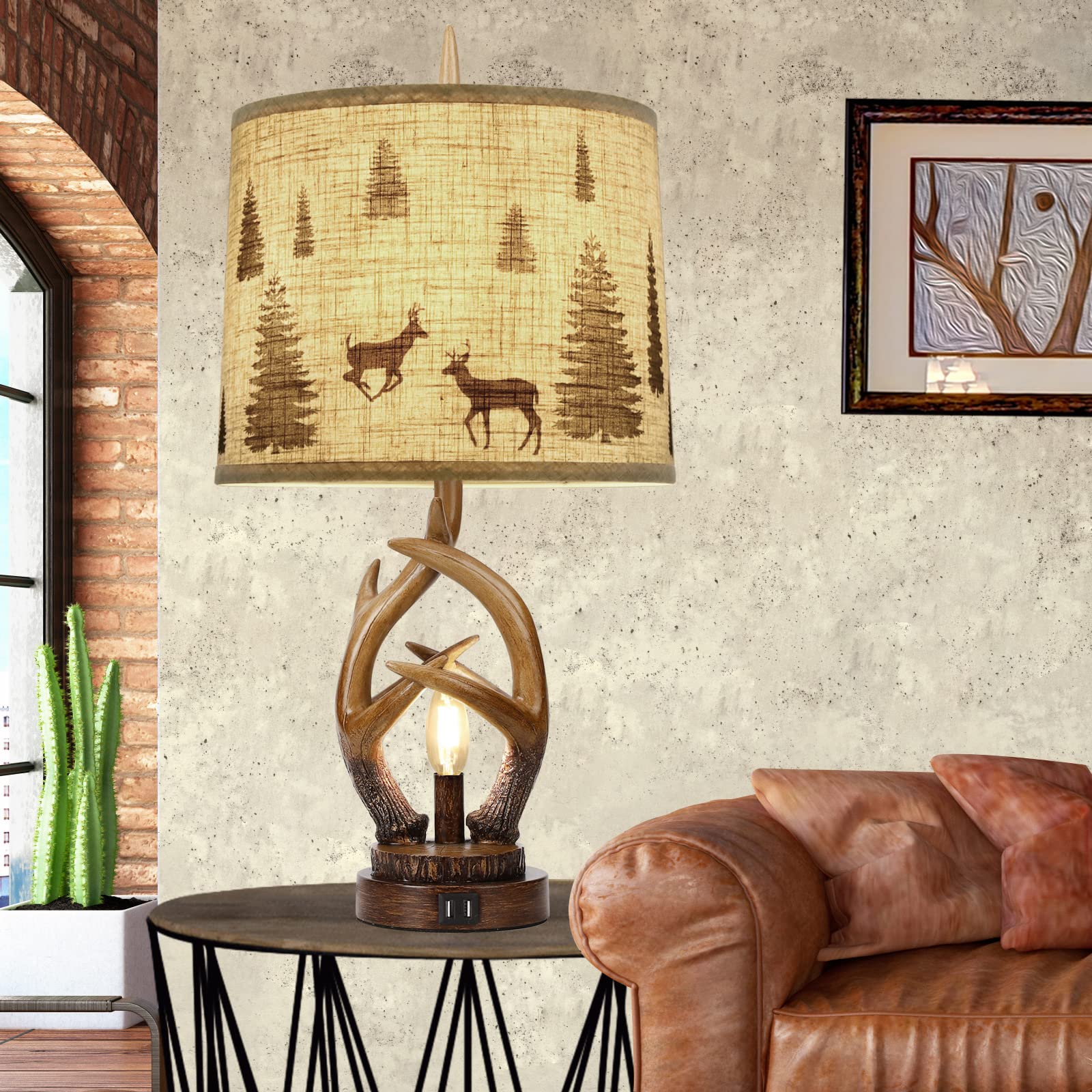 Scenekoy Rustic Farmhouse Antlers Table Lamp Set Of 2 With Nightlight Dual Usb Ports Linen Fabric Round Shade Bedside Lamp Decor For Living Room Bedroom Office House