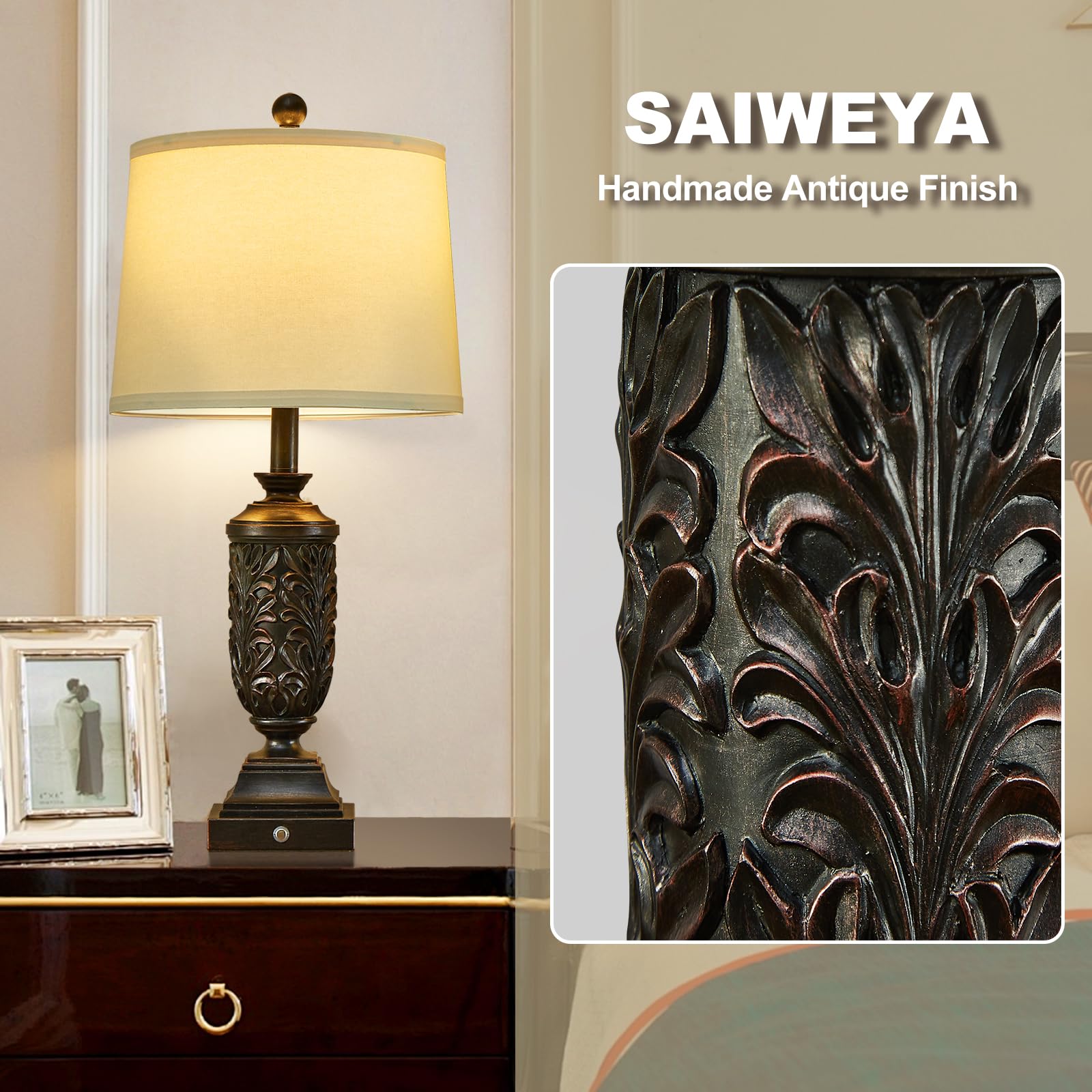 SAIWEYA 26.5in Farmhouse Table Lamp Set of 2, 3-Way Dimmable, Black, Resin, Model TM-T05