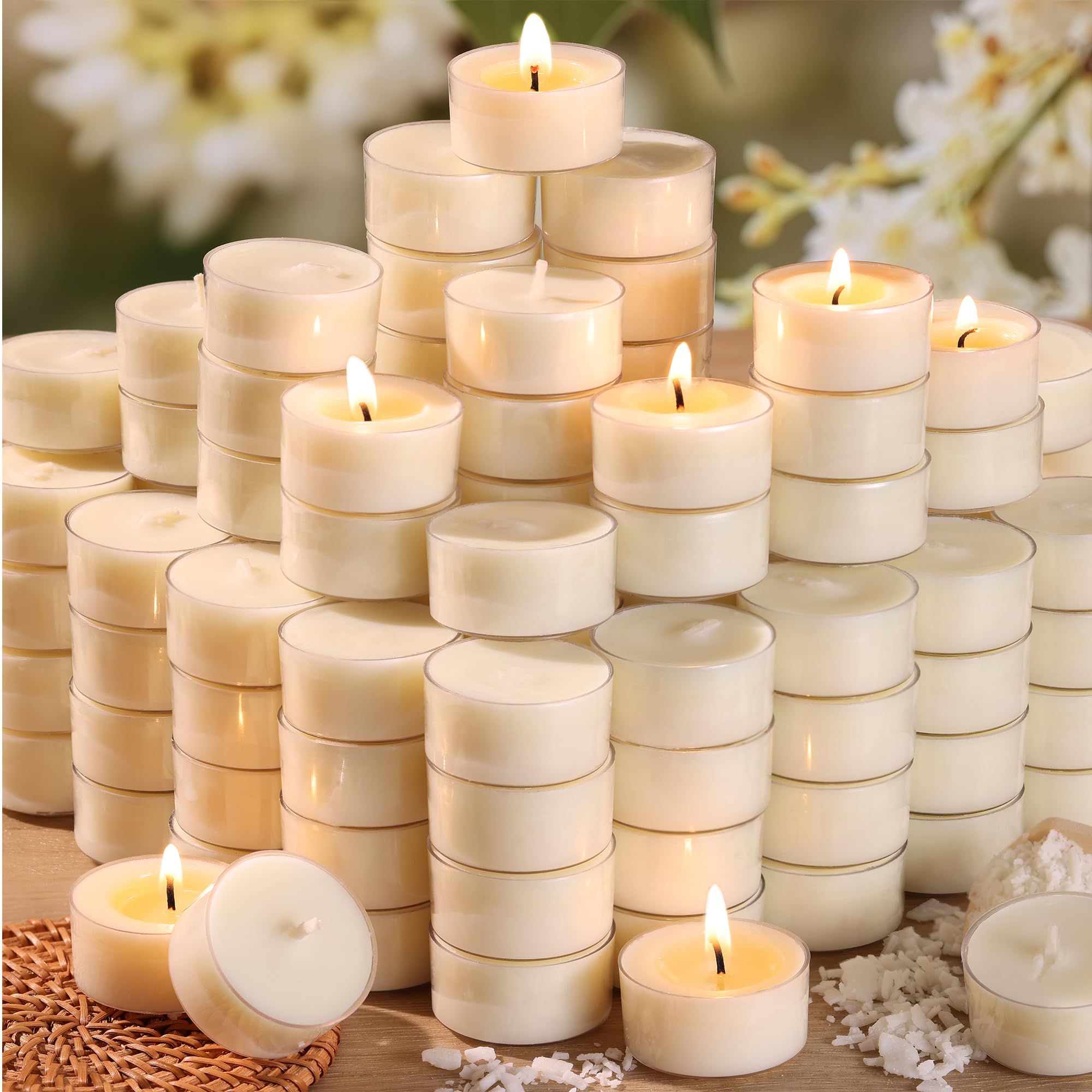 DEVI 6 Hour Soy Tea Lights Candles Bulk 100 Pack  Soy White Tea Lights Bulk-6 Hours Long Burning  Unscented Small Votives Bulk for Wedding  Party Centerpieces