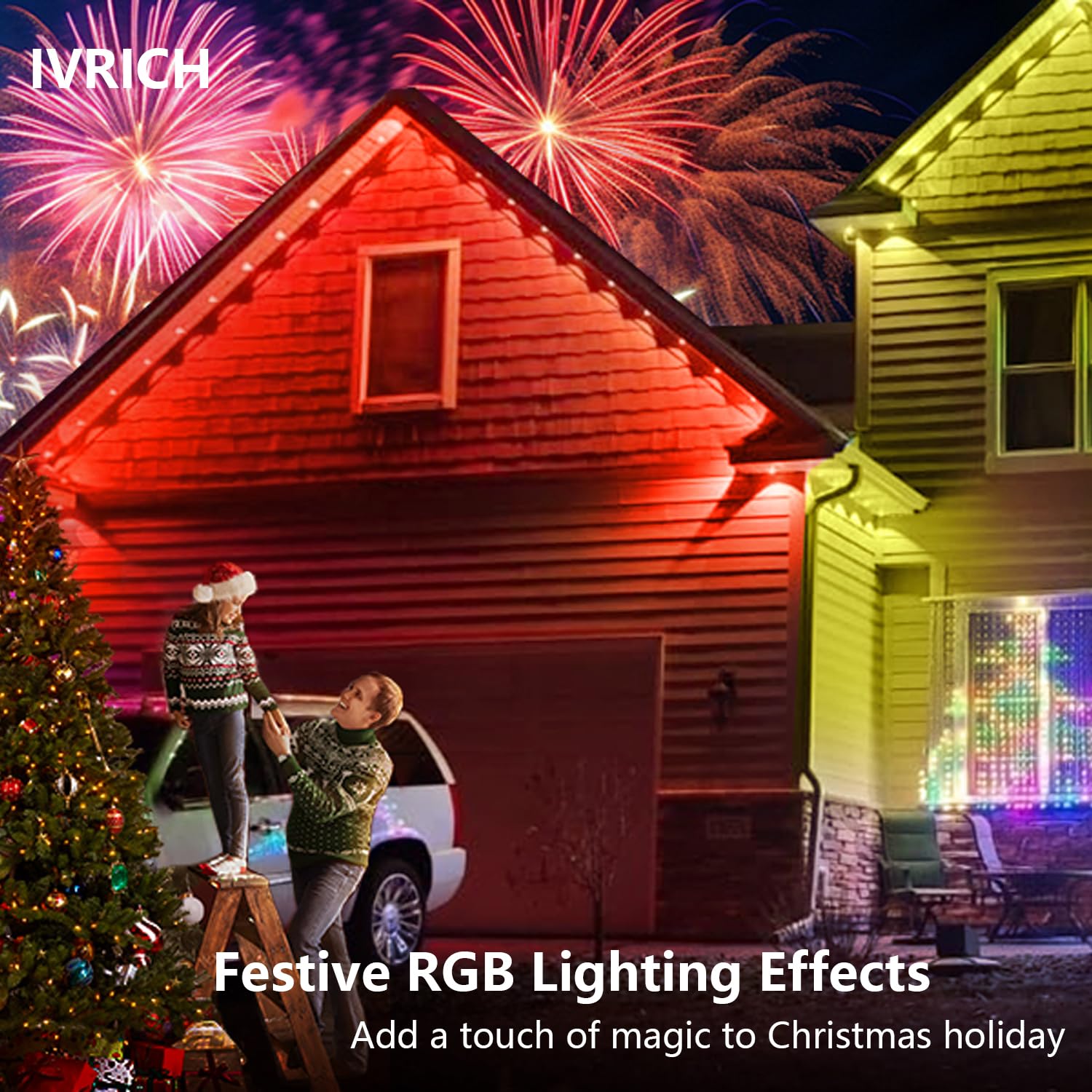 Ivrich 100Ft Permanent Outdoor Lights  Smart Rgb Eave Light With Color Changing  App/Remote Control  Ip67 Waterproof  Music Sync  Timer Function  For Halloween  Christmas  Party  Holiday Decor