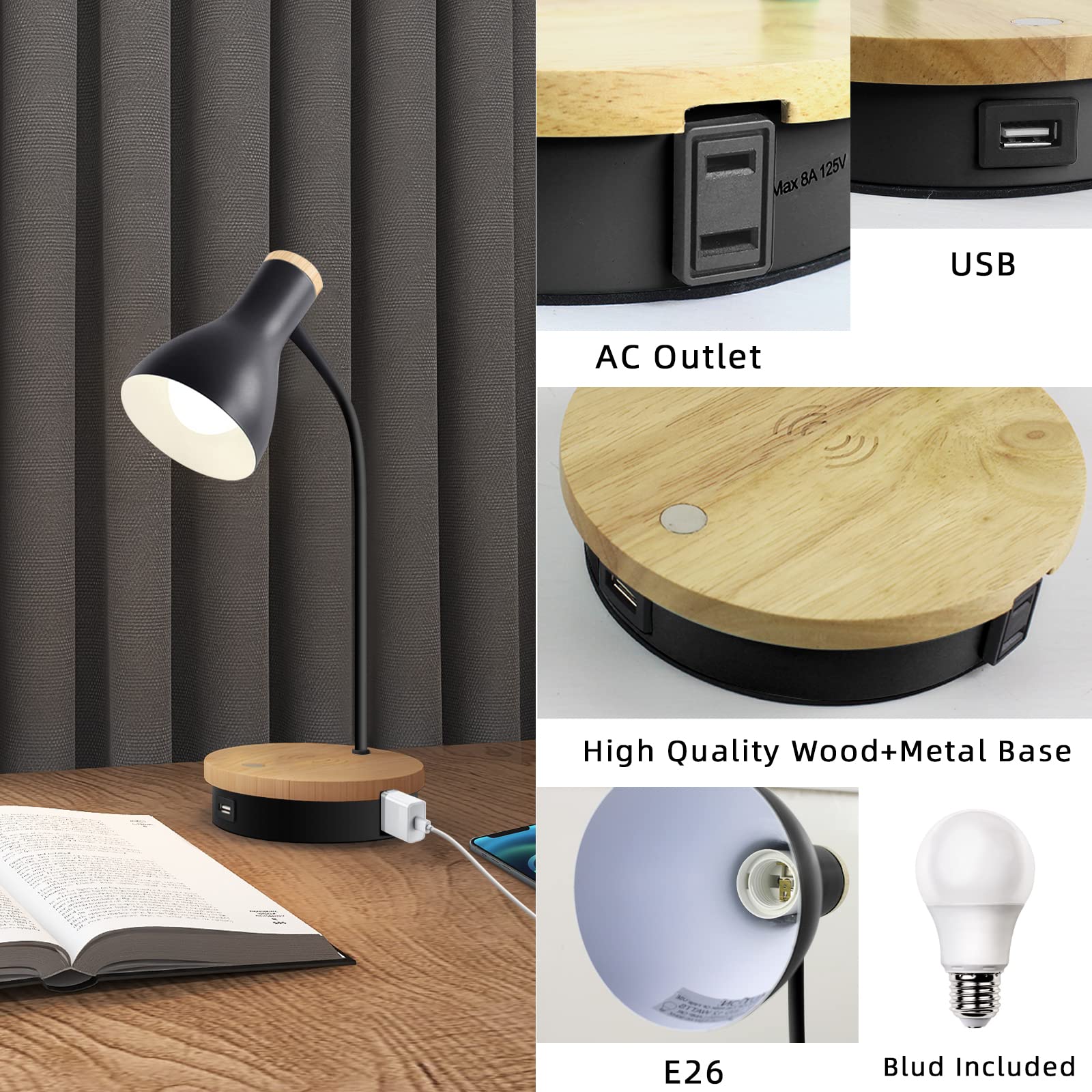 LALISU Metal Desk Lamp - Wireless Charging, 3-Way Dimmable, Touch Control, USB Ports, Black-02, Model LALITB004
