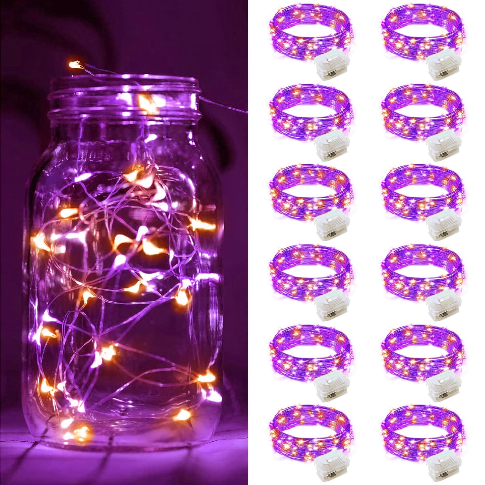 Zgwj 12 Pack Fairy Lights Battery Operated  7Ft 20 Mini Led Fairy String Lights Silver Wire 3 Modes For Diy  Parties  Wedding  Bedroom  Halloween Christmas Decoration Orange& Purple