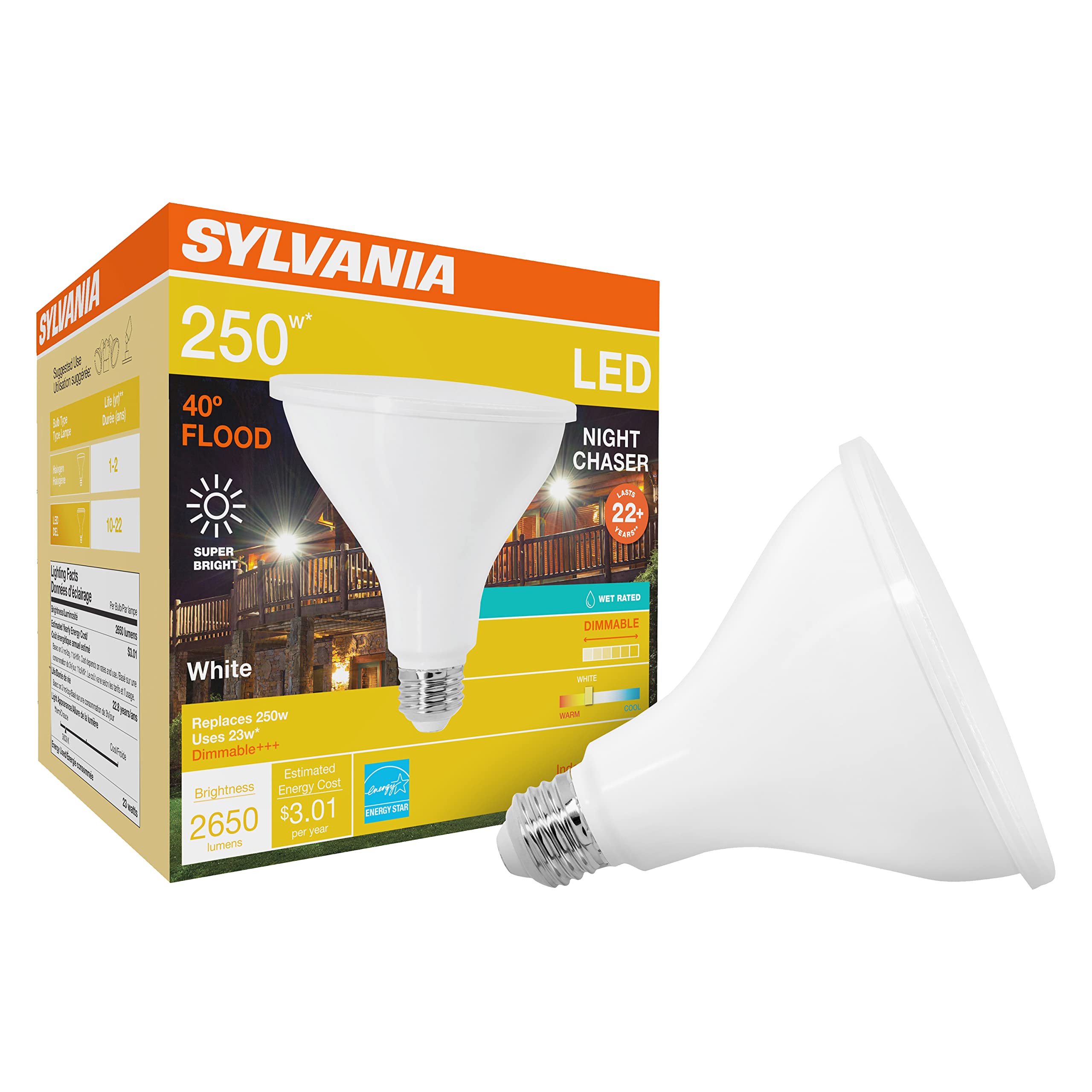 LEDVANCE SYLVANIA Night Chaser PAR38 LED Bulb, 250W=25W, Dimmable, 2650 Lumen, 3000K, 1 Pack,