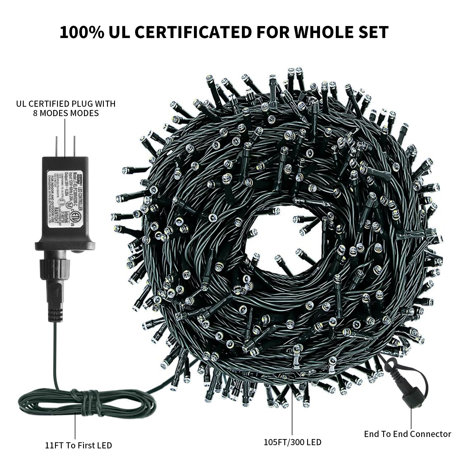 XTF2015 Christmas String Lights, 300 LED, 105ft, 8 Modes, UL Certified, Blue White, Model QL300IE, Indoor Outdoor Fairy Lights