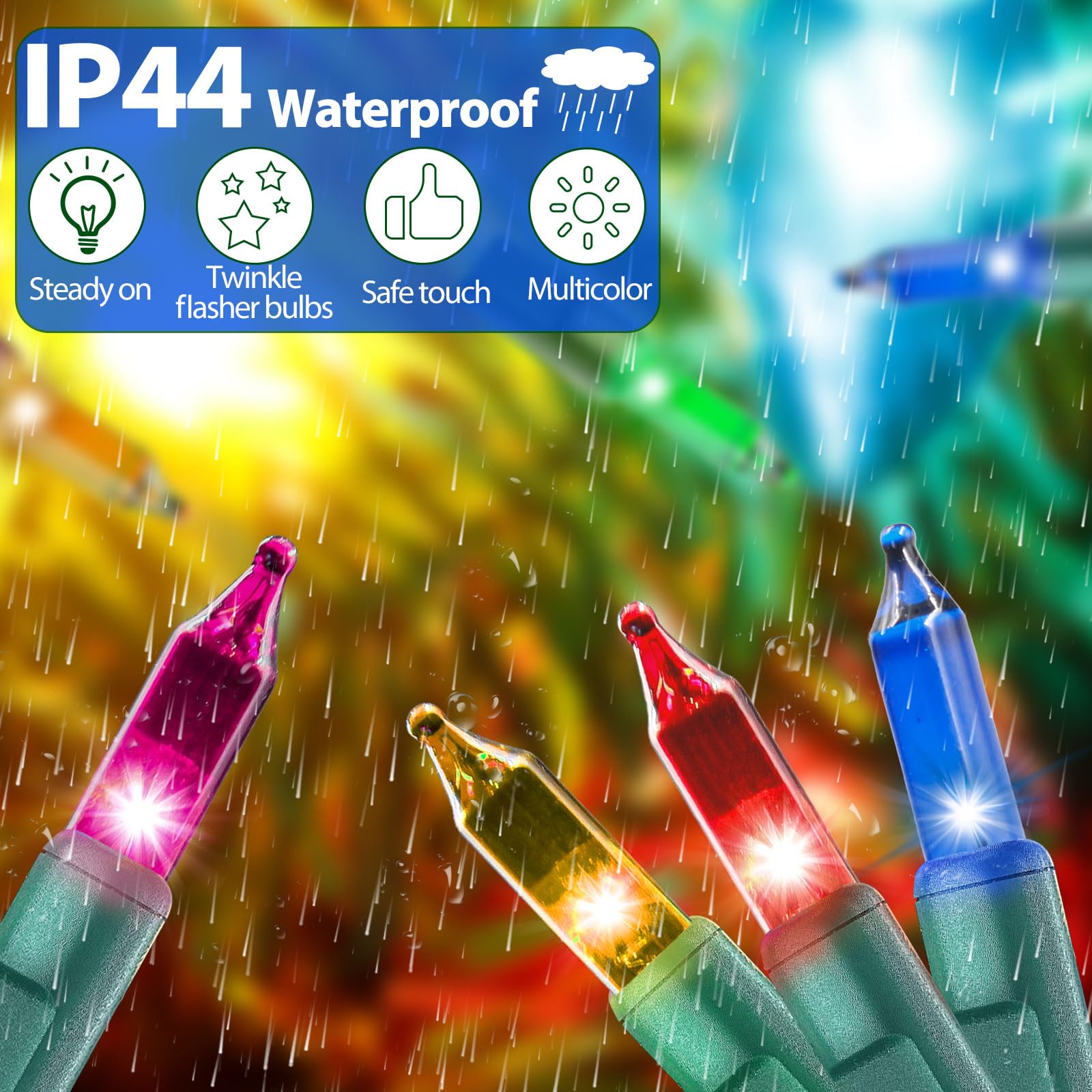 Multicolor Christmas Lights String 50Ft 200 Count Incandescent Bulbs Mini Lights With Green Wire For Christmas Tree, Garland, We