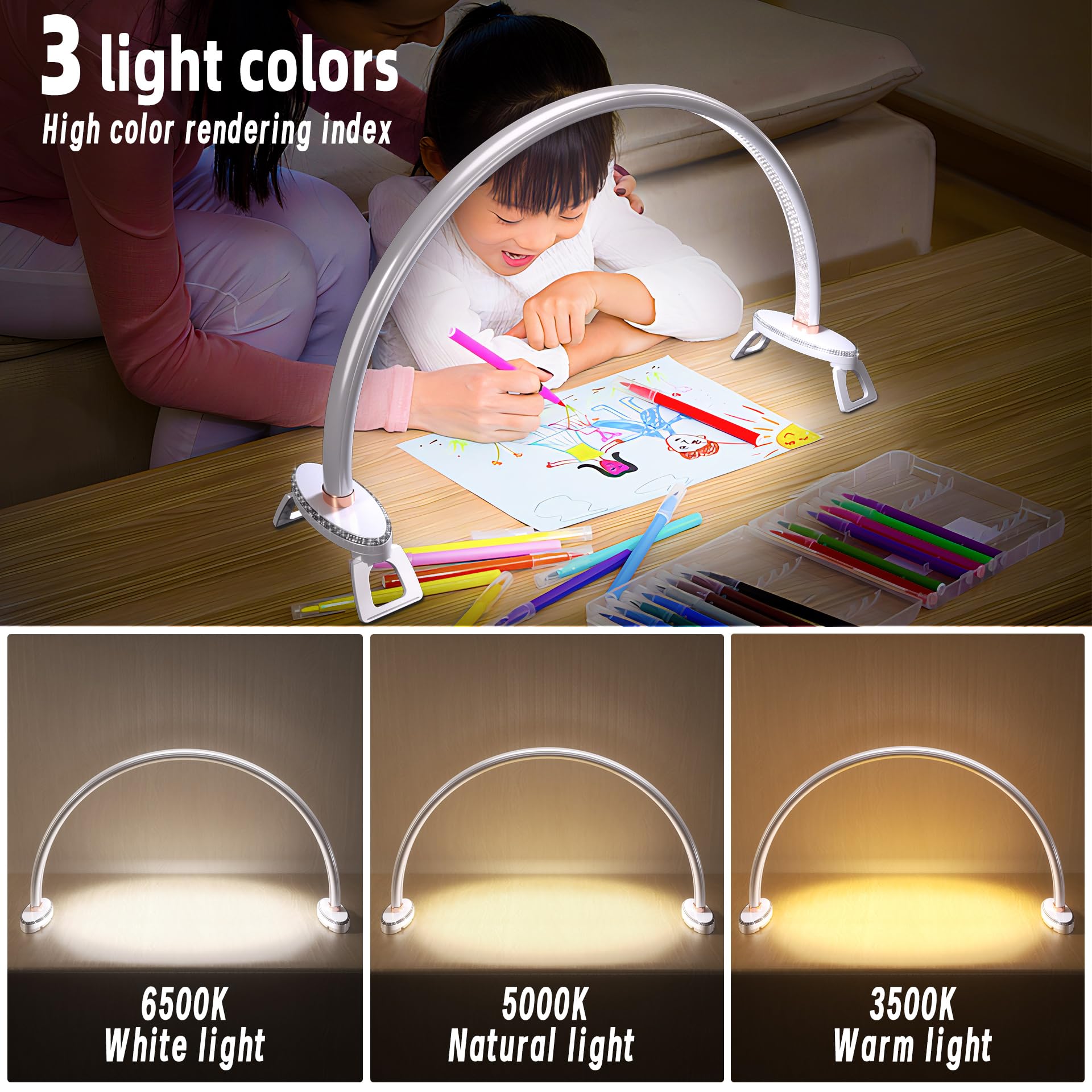Half Moon Light For Nail Desk.3Light Colors.Adjustable Brightness . Lamp For Nails Table For For Painting.Embroidery.Reading Etc