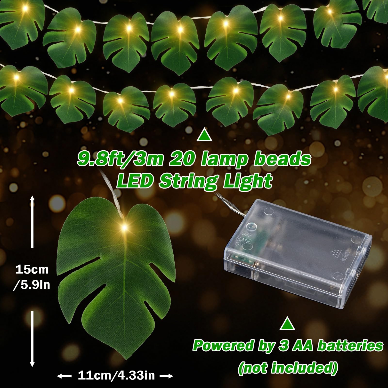 Wohserom 2 Pack Monstera Leaf String Lights  3M/9.8Ft 20 Led Tropical Artificial Palm Leaves String Lights Wall Hanging Vine Leaf For Hawaiian Luau Party Jungle Theme Beach Birthday Home Decorations