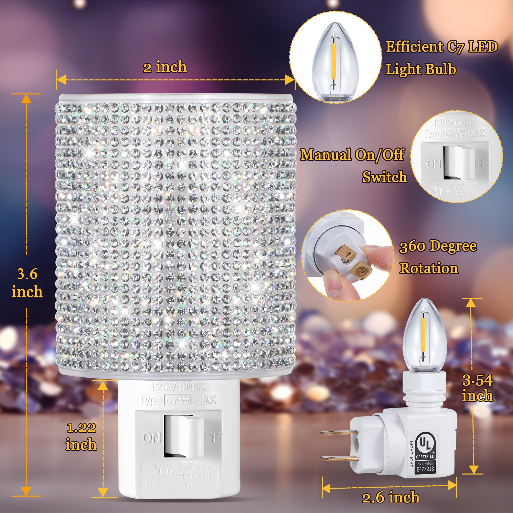 ElectricWise Warm White Crystal Decoration Night Light, Plug-In with Manual Switch & 360° Swivel for Bedroom Decor
