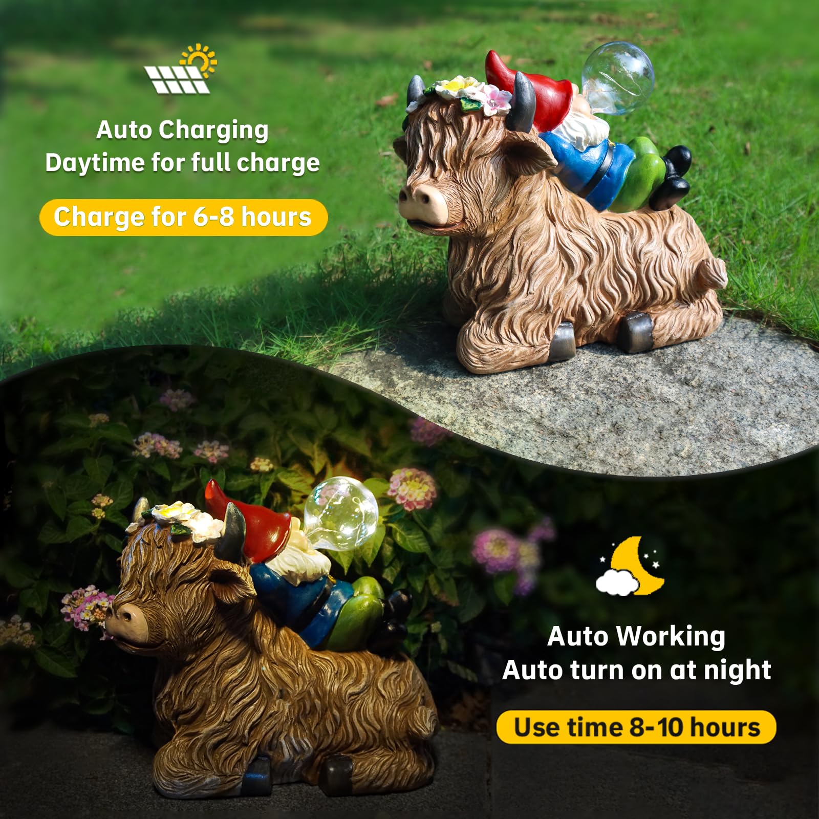 Artterpnica Solar Highland Cow Gnome Garden Decor Statue, Outdoor Funny Solar Light Decoration For Yard, Patio, Lawn, Unique Hou