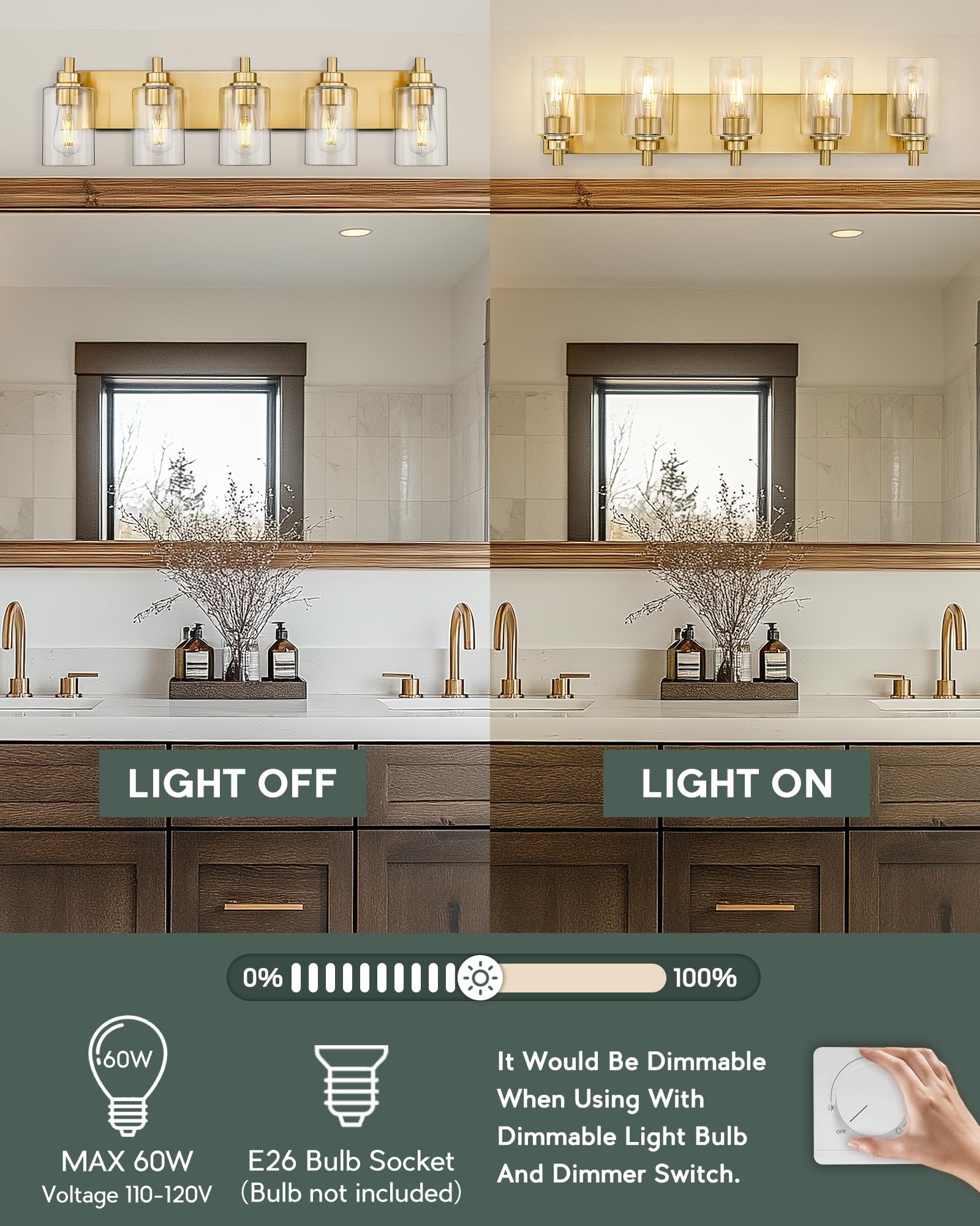 Metwet 5-Light Bathroom Light Fixtures  30 Inch Brushed Gold Vanity Light With Cylinder Clear Glass Shade  Modern Vanity Lighting Fixtures Over Mirror  Vl143-Bg-5