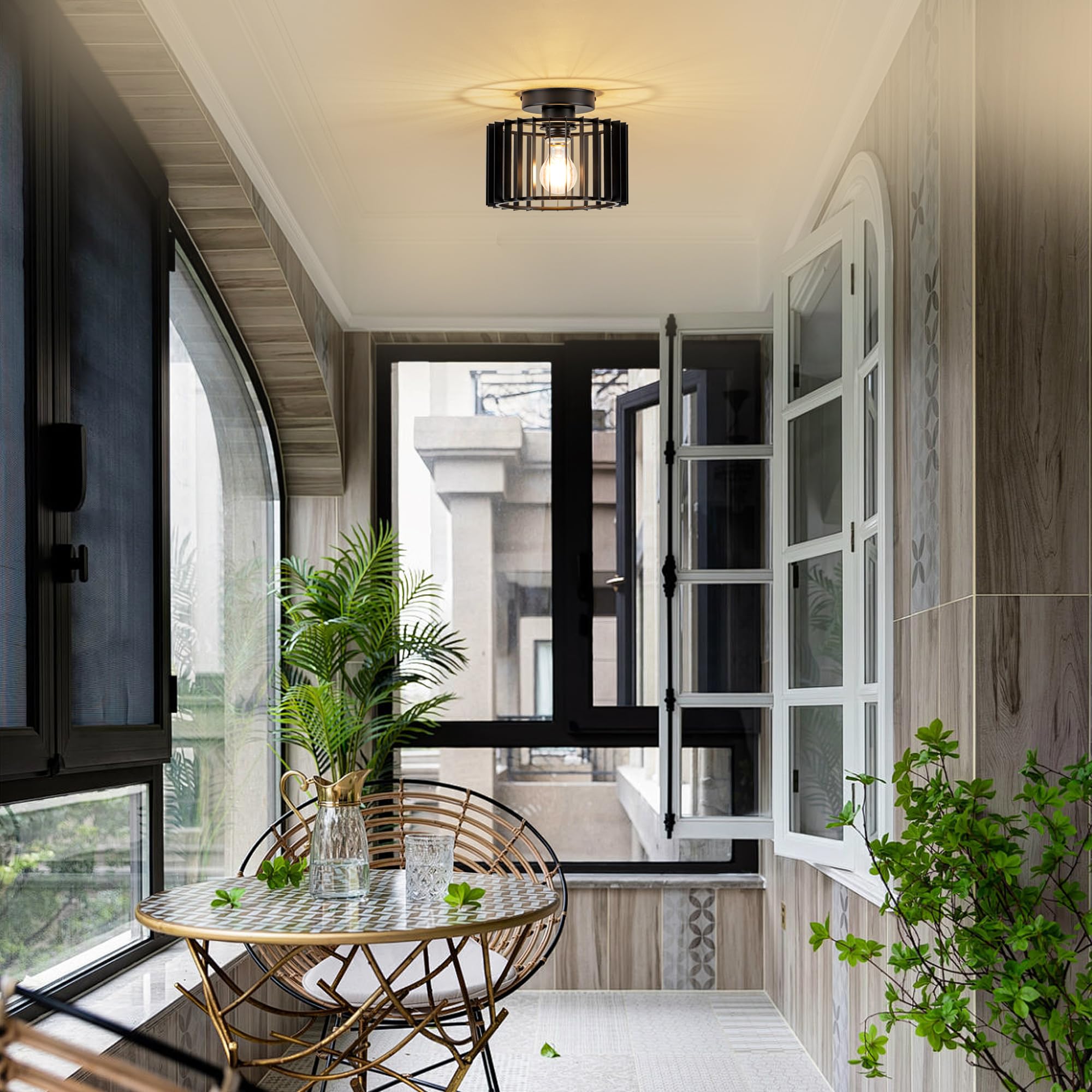 Zlepmlla Ceiling Light Fixture Industrial Black Iron Cage Flush Mount Ceiling Light, 9 - Inch Diameter, Hallway Light Fixtures M