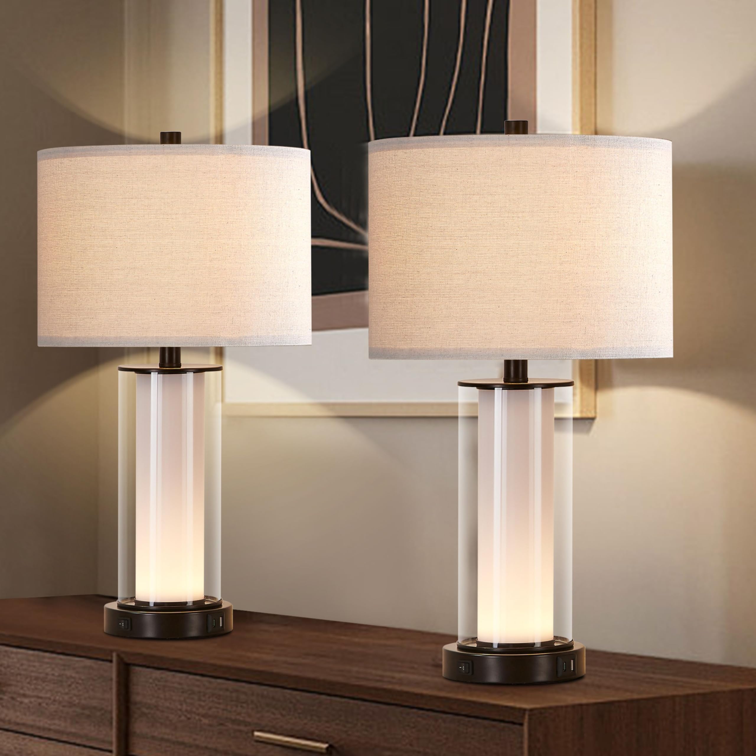 Kyrid 23.25'' Glass Table Lamp Set with Built-in Frosted Glass Night Light for End Table Entryway Modern Black Beside Table Lamp