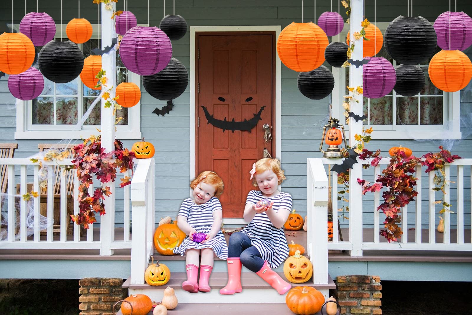 Adlkgg Paper Lanterns - 21Pcs Orange, Purple & Black Round Hanging Decorations For Graduation, Halloween, Thanksgiving, Birthday Parties