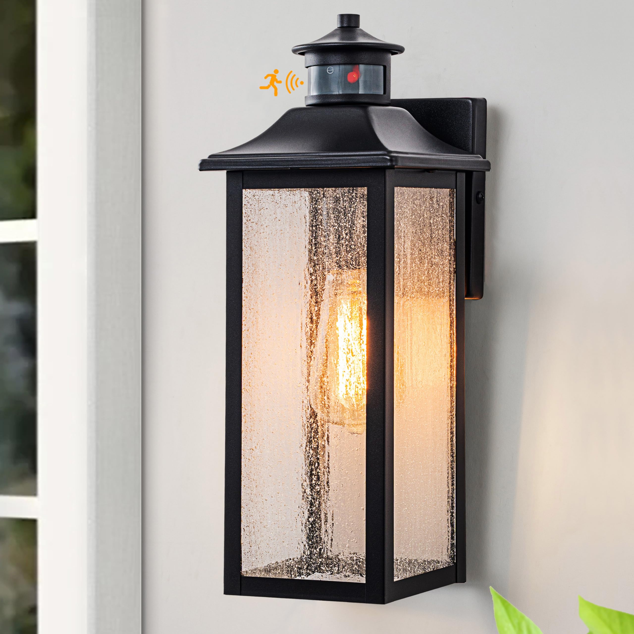 Rvsmattly Motion Sensor Outdoor Lights, Dusk To Dawn Exterior Lighting Fixtures, Matte Black Outdoor Porch Lights With Seeded Glass Shade & E26 Sockets, Motion Detector Lights For Outside House