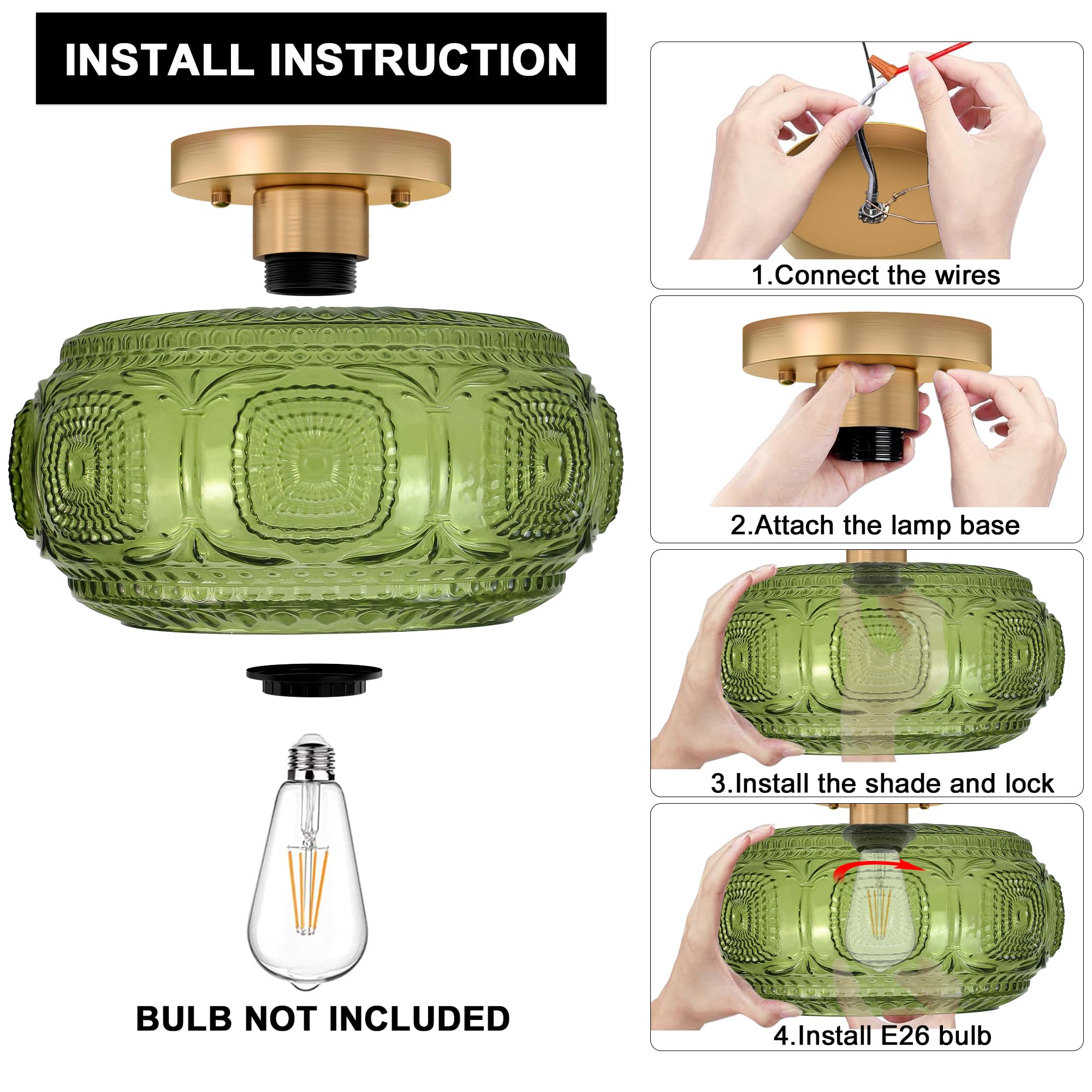 OYKYOHEI Semi Flush Mount Ceiling Light, Green Glass, 11.03 inch, Model 3022C, Vintage Design for Hallway, Kitchen, Bedroom, Dining Room