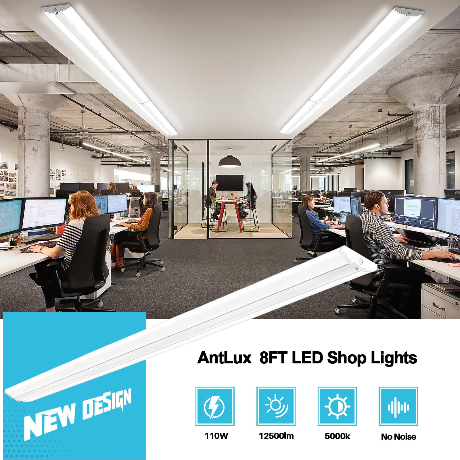 ANTLUX 8FT LED Shop Light, 110W, 12500LM, 5000K, Aluminum, Commercial Grade, 4 Pack
