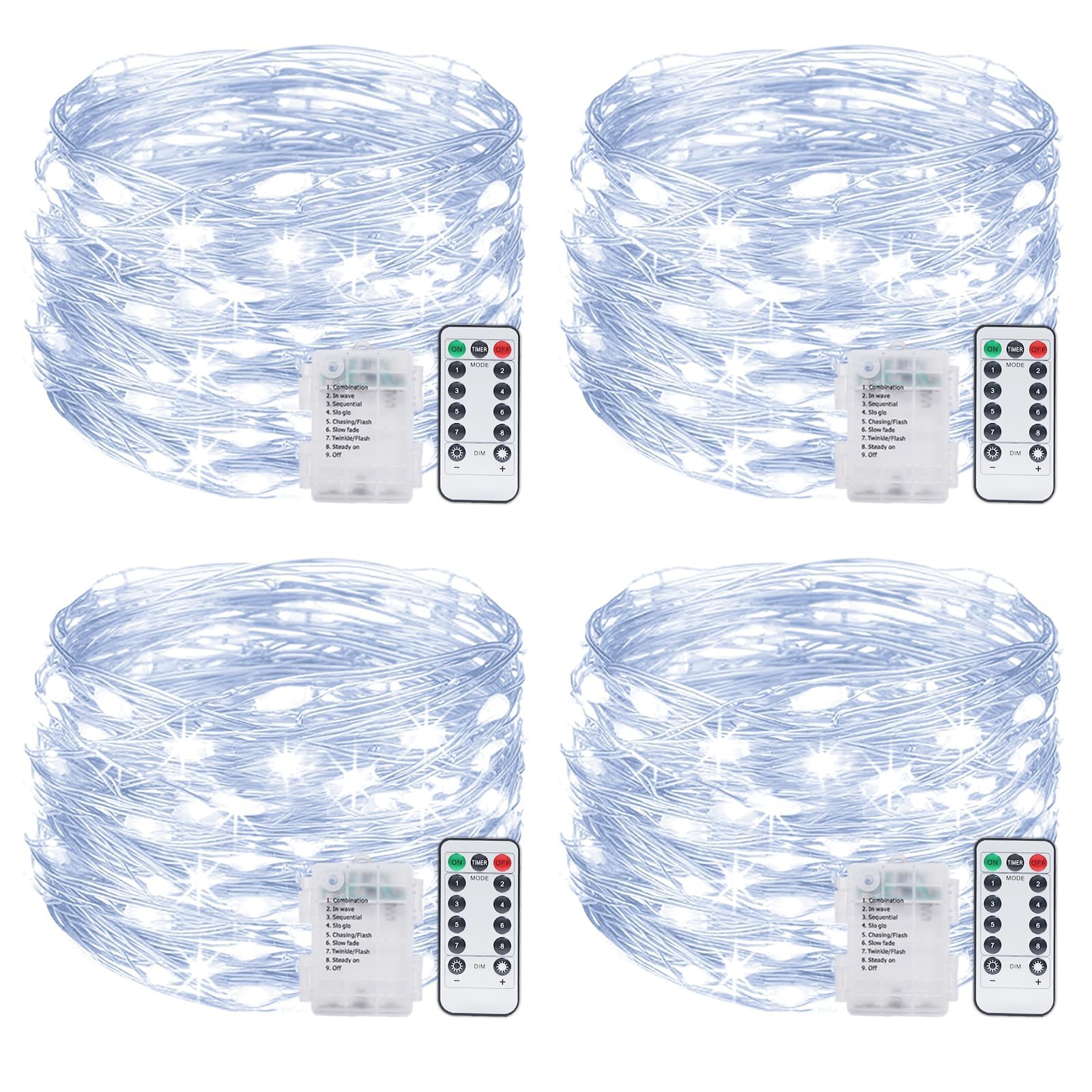 kolpop 4 Pack 39FT Fairy Lights Battery Operated with Timer & Remote, Waterproof 120 LED Twinkle String Lights Outdoor Indoor 8 Modes for Outdoor Indoor Bedroom Christmas Decor, Cool White