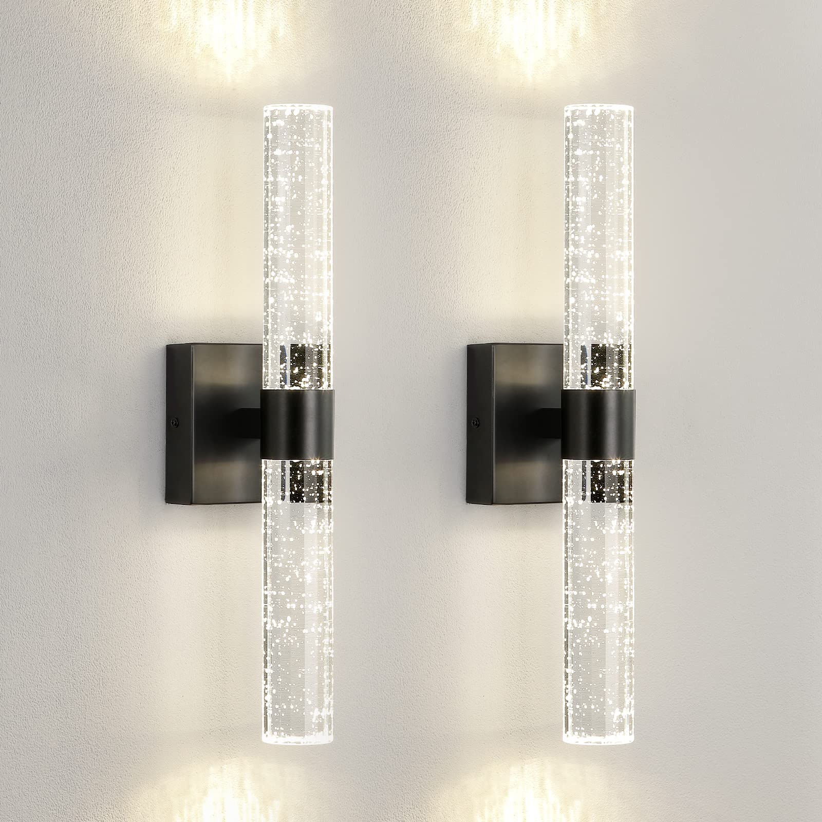 Ccycol Black Modern Led Wall Sconce - 18 Inch Wall Sconces Set Of Two 4000K Dimmable Crystal Sconce Wall Lighting Indoor Wall Mount Bathroom Vanity Light Fixtures For Bedroom Living Room, 12W