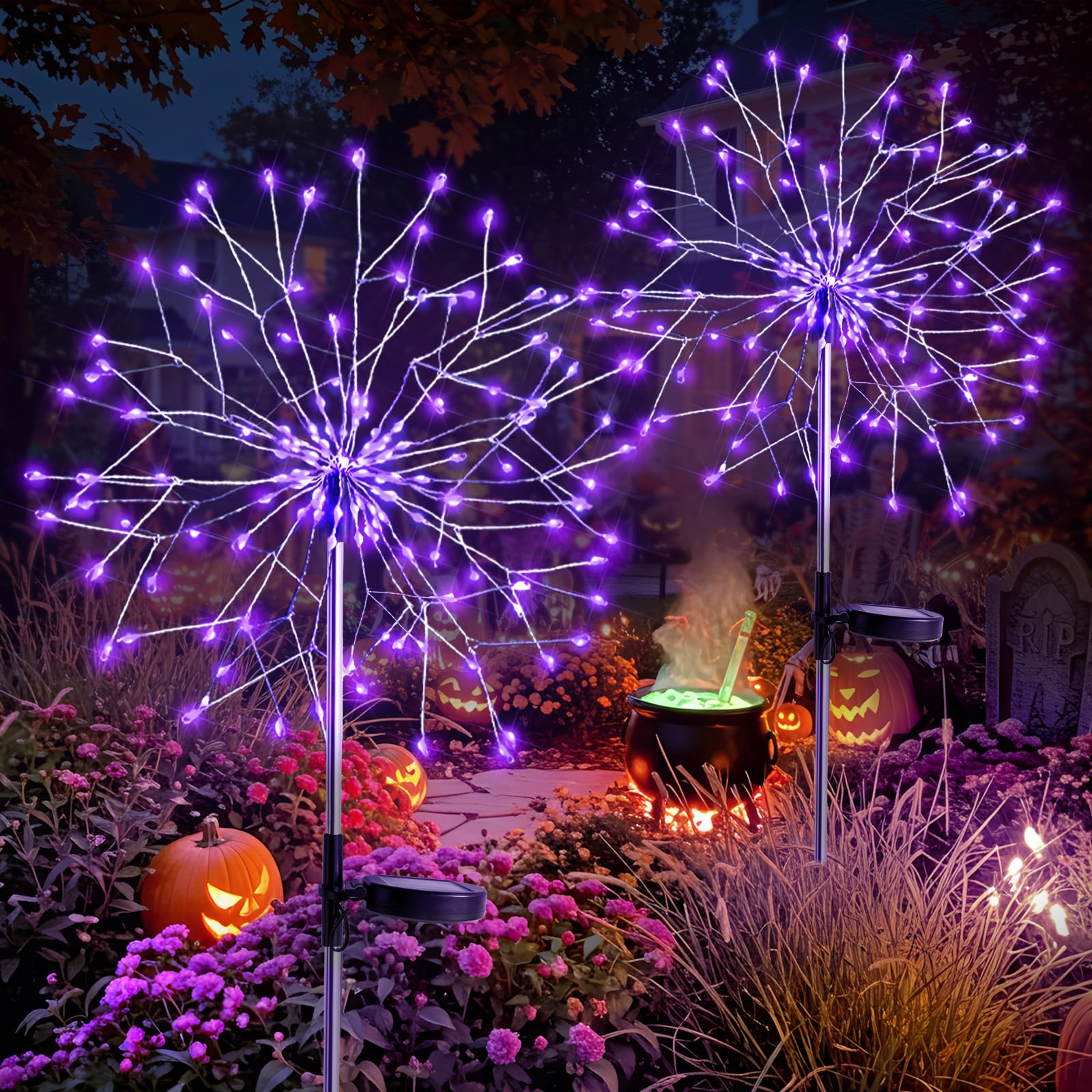 suddus Solar Garden Lights, 150LED Purple Firework Lights, 2 Pack, Waterproof, 8 Modes for Halloween Yard Decorations
