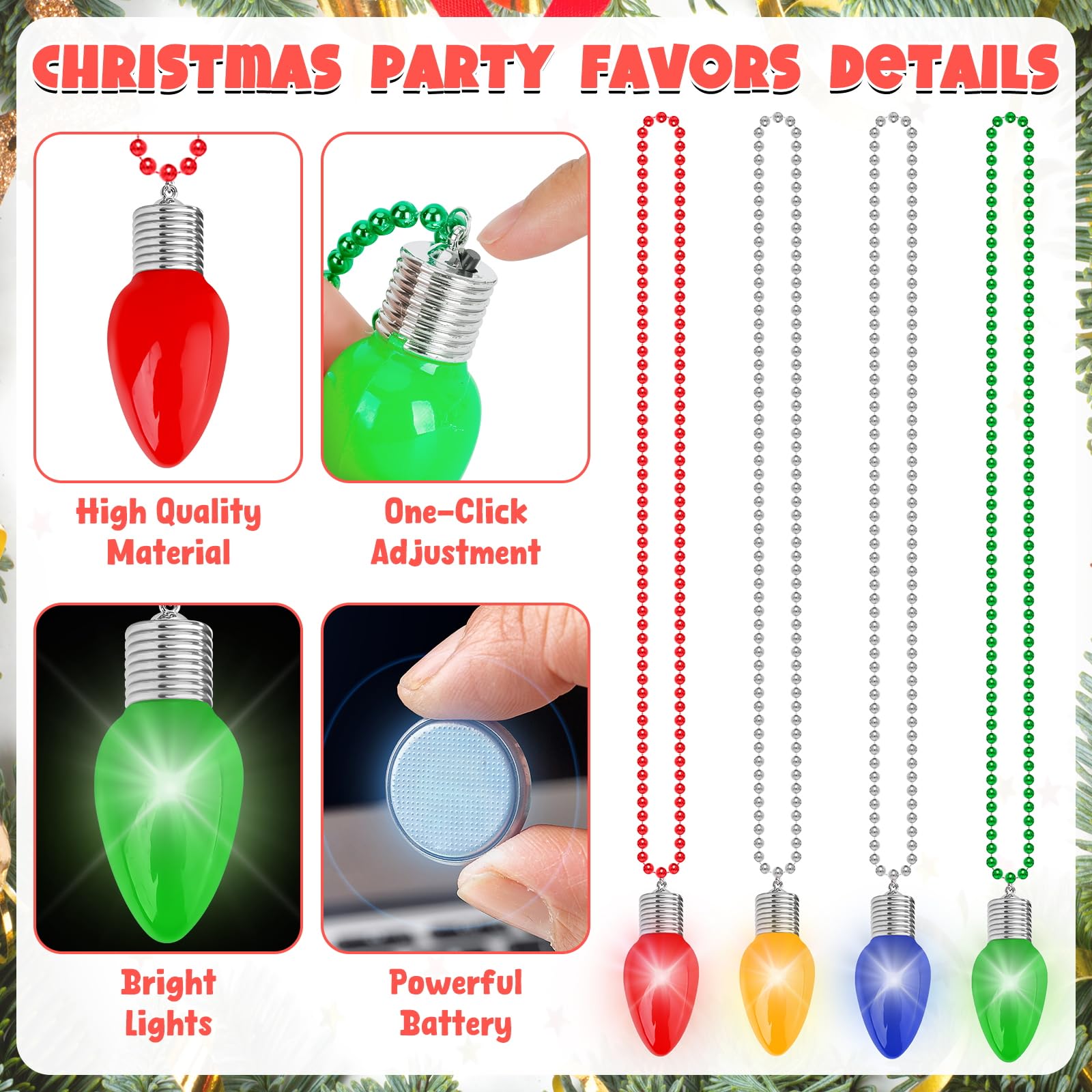 24PCS Christmas Necklace Light Up, 3 Light Modes Christmas Accessories, Colorful Bulbs Christmas Lights Necklace, Bead Chain Chr