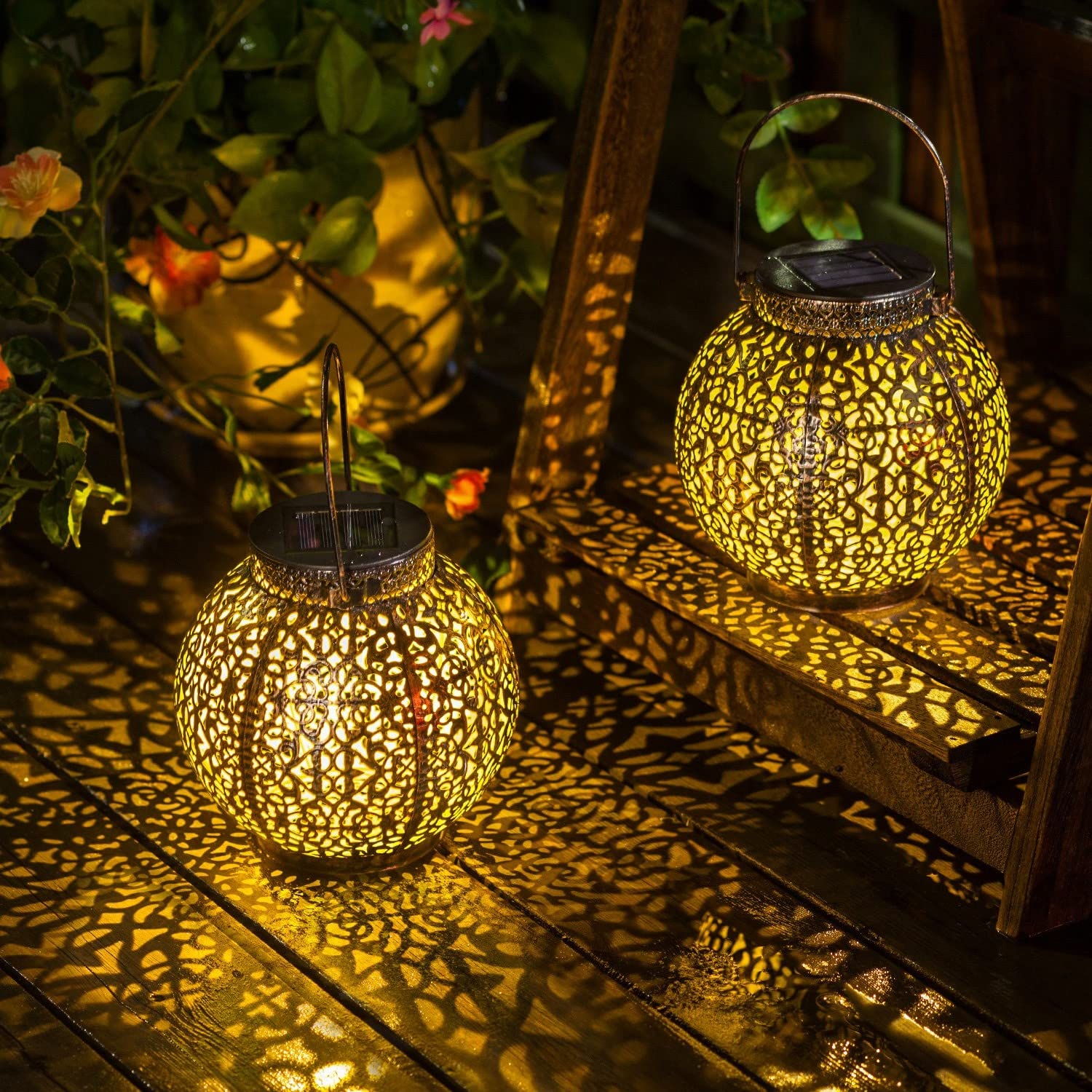 HOMEIMPRO 2Pack Outdoor Solar Lanterns, Waterproof Metal Garden Lights, Warm White LED, Medium, Antique Bronze