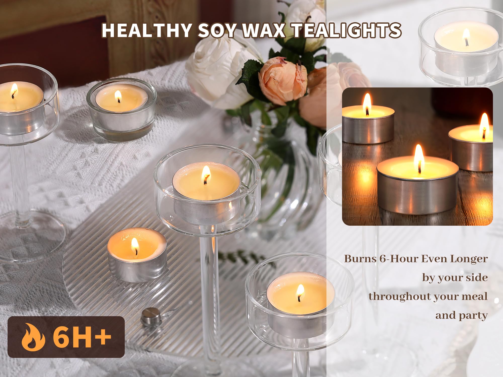 Soy Wax Tealight Candles | 100 Pack- 6 Hours Long Burning Tea Candles, 100% Natural Soy Wax Tea Lights Candles | Paraffin-Free,