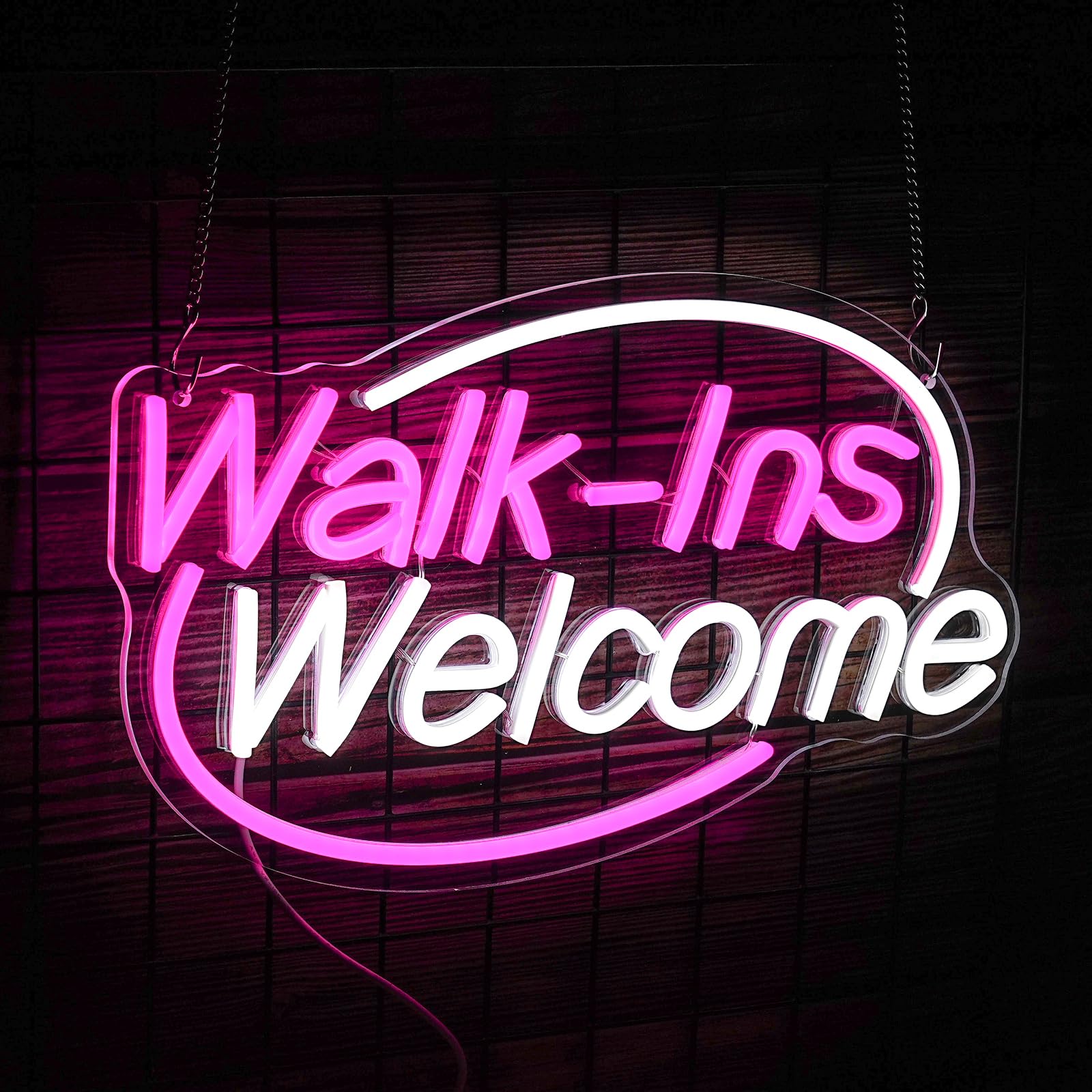 Noasktt Walk-Ins Welcome Neon Sign, Pink + White LED, Acrylic, 16.5x9.4in, USB Powered Wall Decor for Game Room, Bedroom, Bar