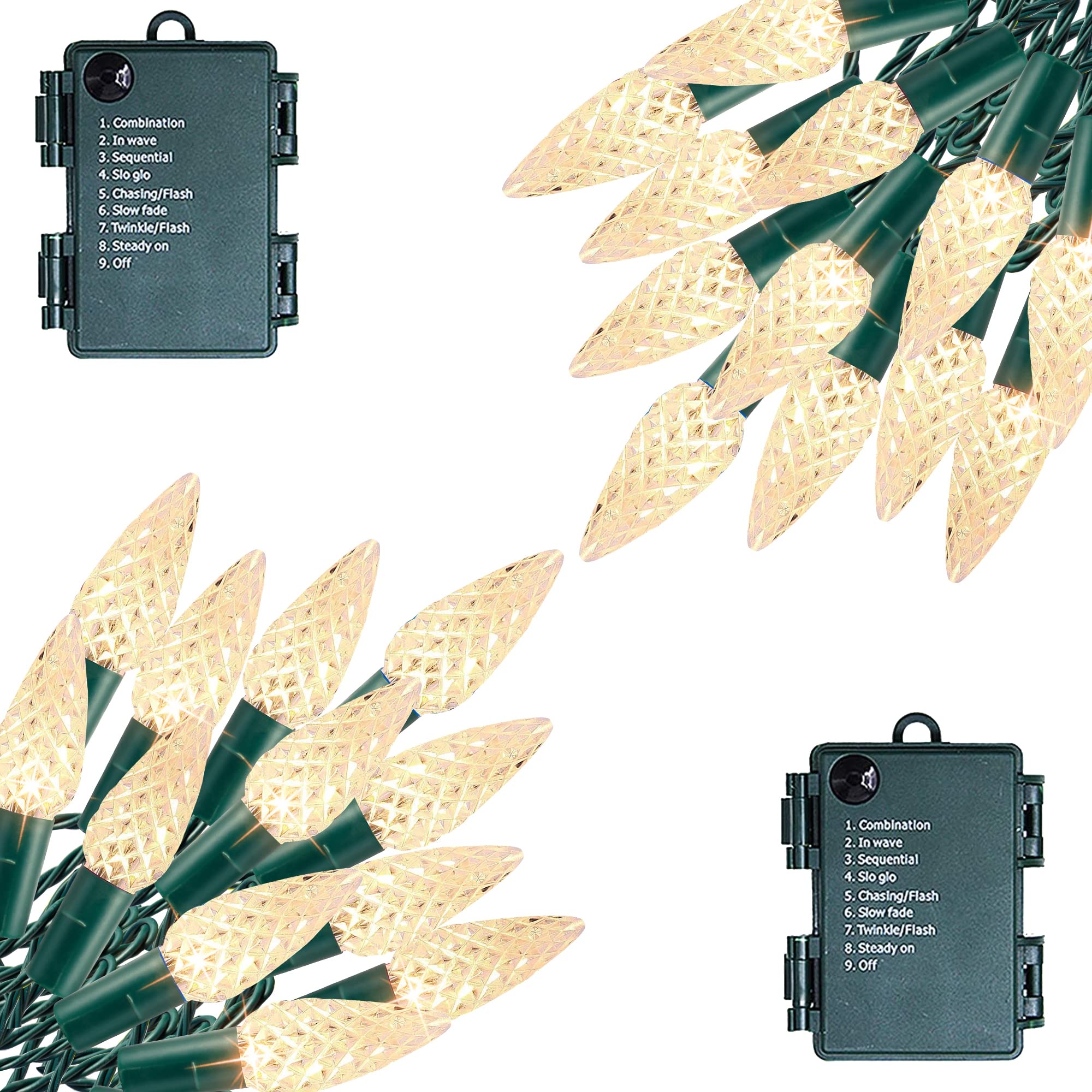 Dazzle Bright C6 Battery Operated Christmas Lights, 2 Pack Total 100LED 34FT Warm White Christmas Lights with 8 Modes, Waterproo